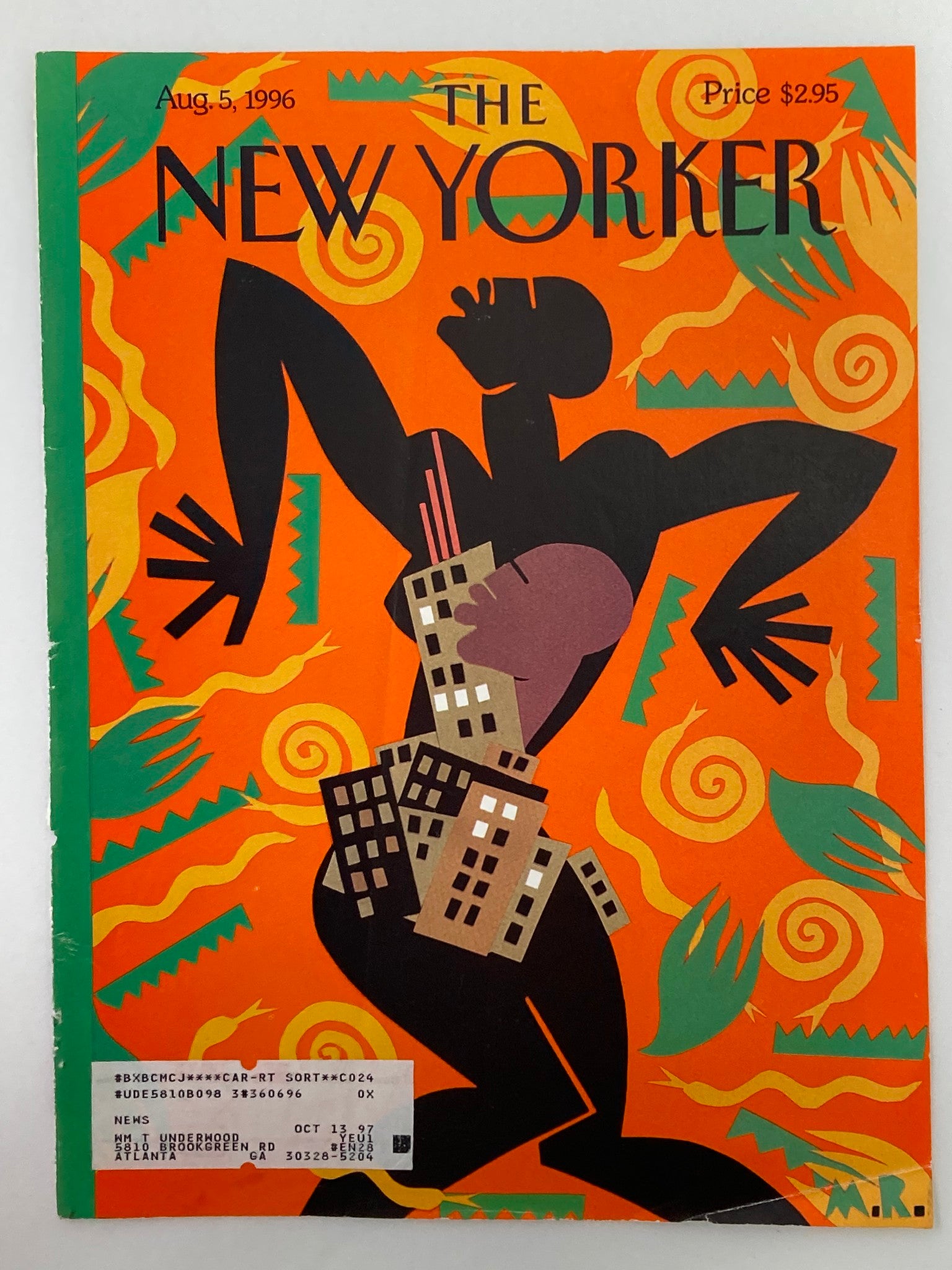 The New Yorker magazine cover from August 5, 1996 displaying 'Helter Swelter' by Michael Roberts, rich in color with a striking visual of a figure holding city buildings against an orange backdrop.