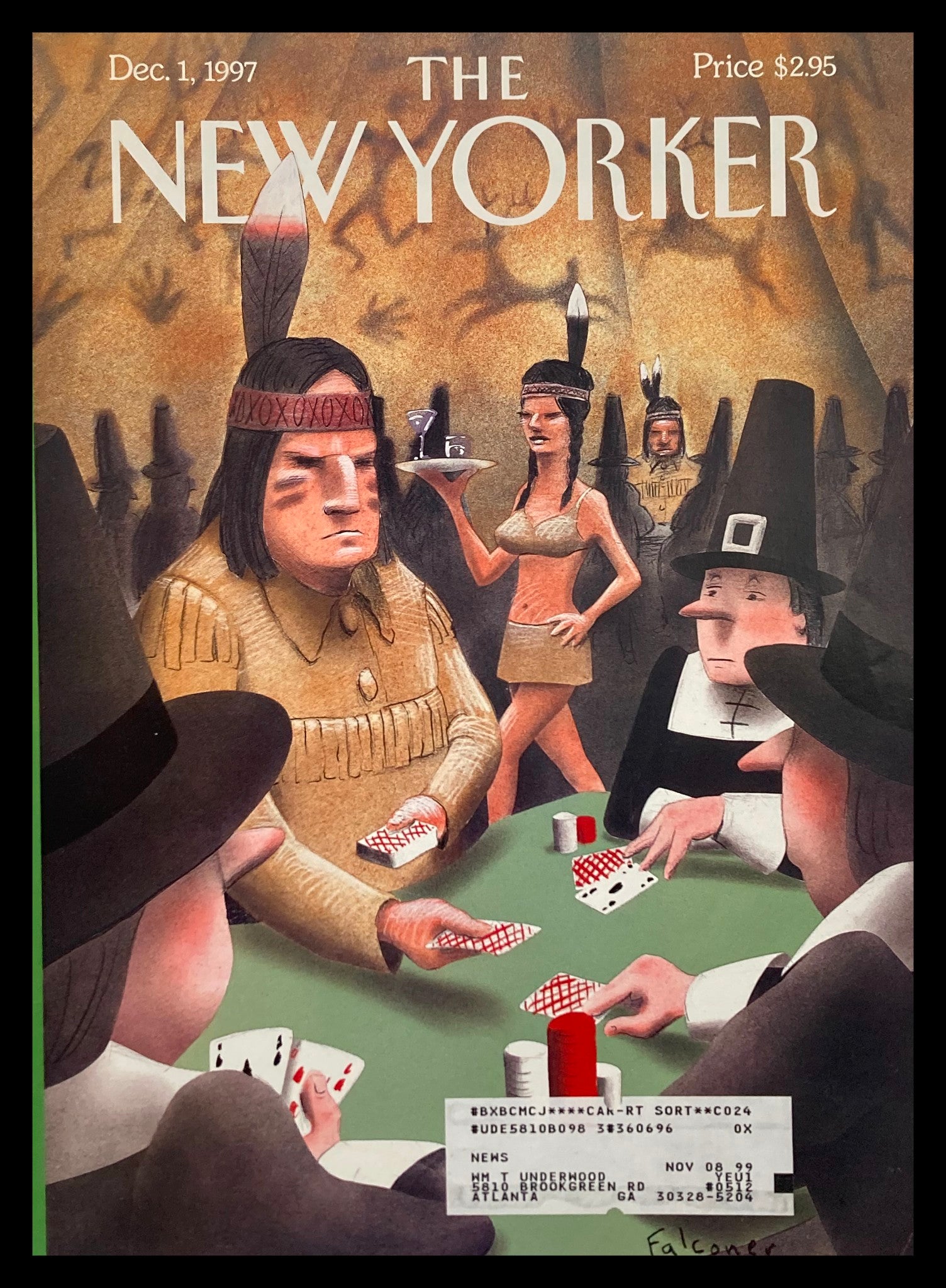 Cover of The New Yorker dated December 1, 1997, featuring an illustration by Ian Falconer depicting a turkey shoot scene with Native American and Pilgrim characters playing cards, showcasing a whimsical take on holiday themes.