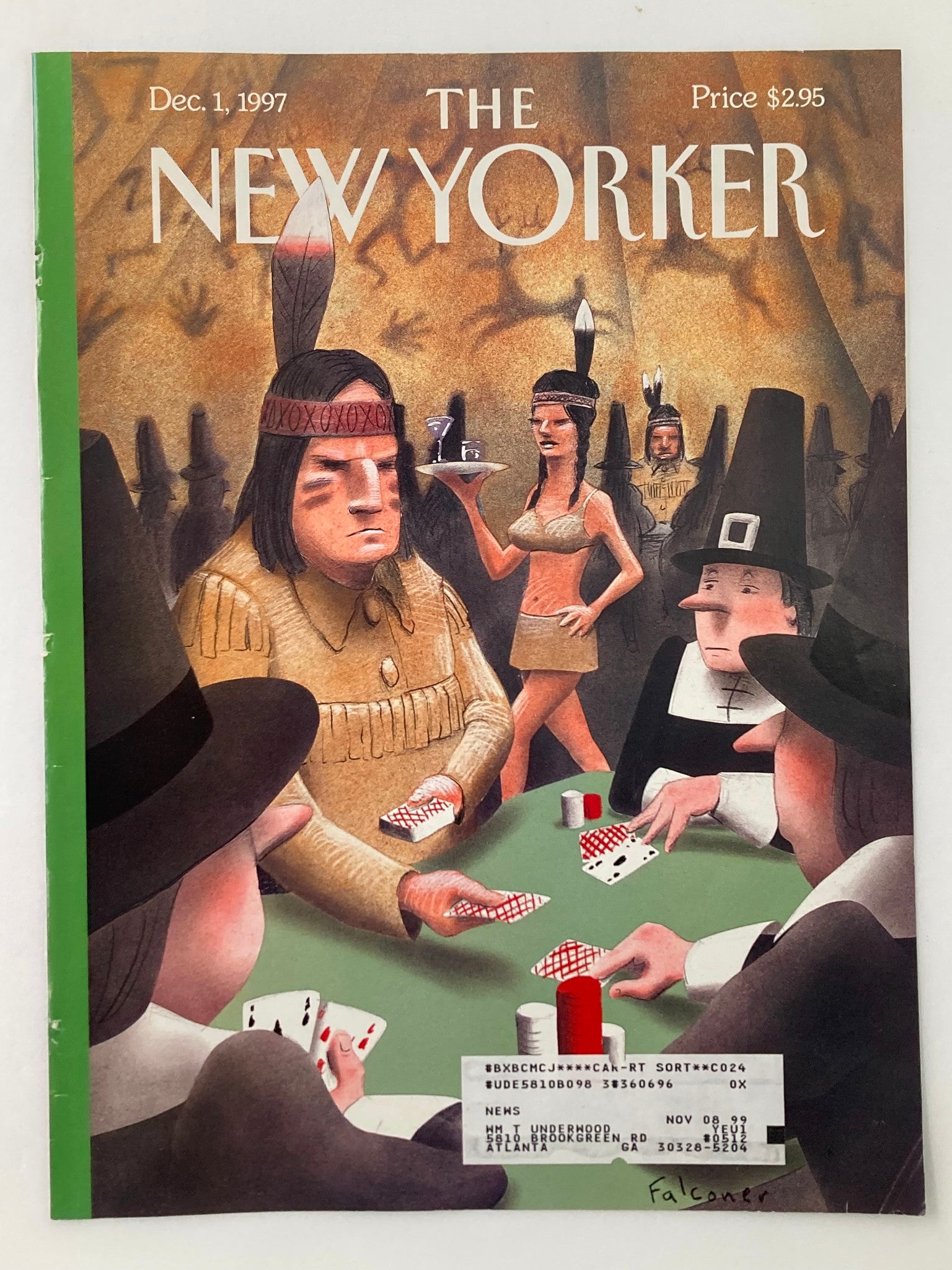 Cover of The New Yorker from December 1, 1997, featuring Ian Falconer's artwork illustrating a humorous turkey shoot scenario, with characters playing cards in an engaging holiday setting.