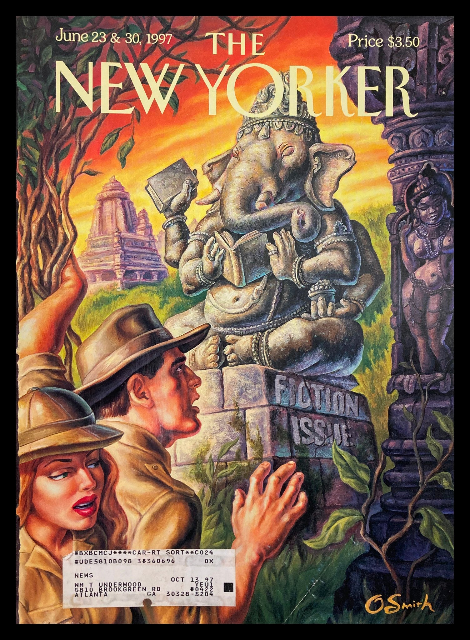 Cover of The New Yorker magazine from June 23 & 30, 1997, featuring the artwork 'The Elephantine Prophecy' by Owen Smith, depicting an elephant holding a book with explorers in front.