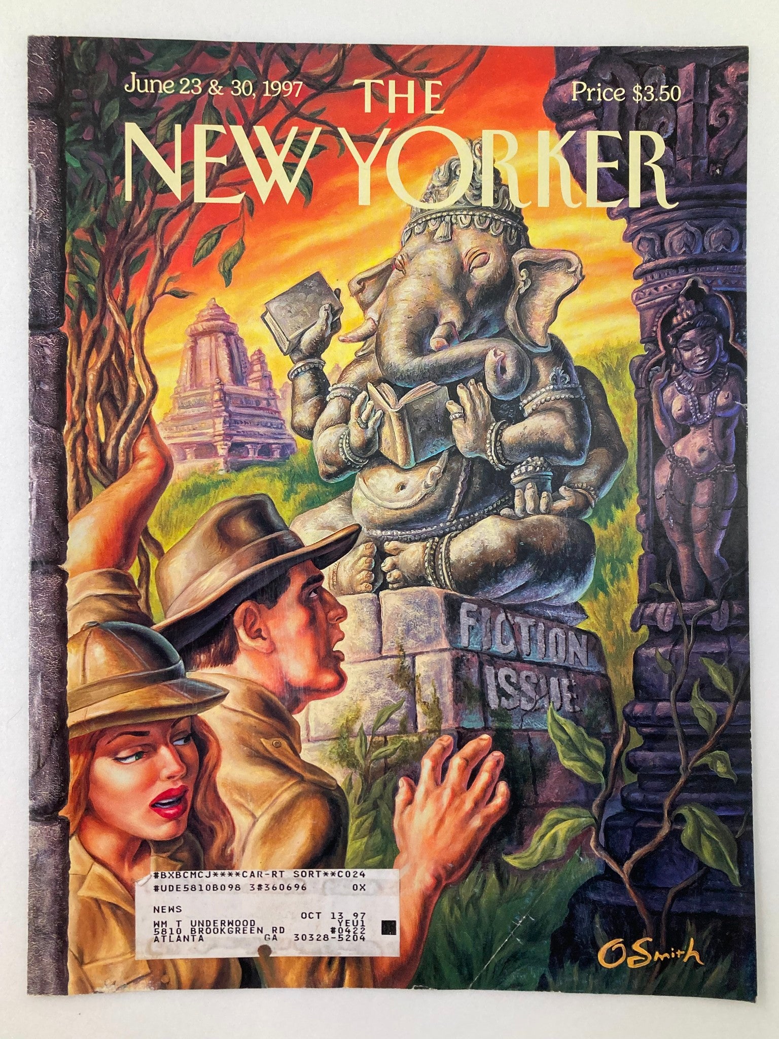 Cover of The New Yorker magazine, June 23 & 30, 1997, titled 'The Elephantine Prophecy' by Owen Smith, showing an elephant statue surrounded by two explorers in the jungle.