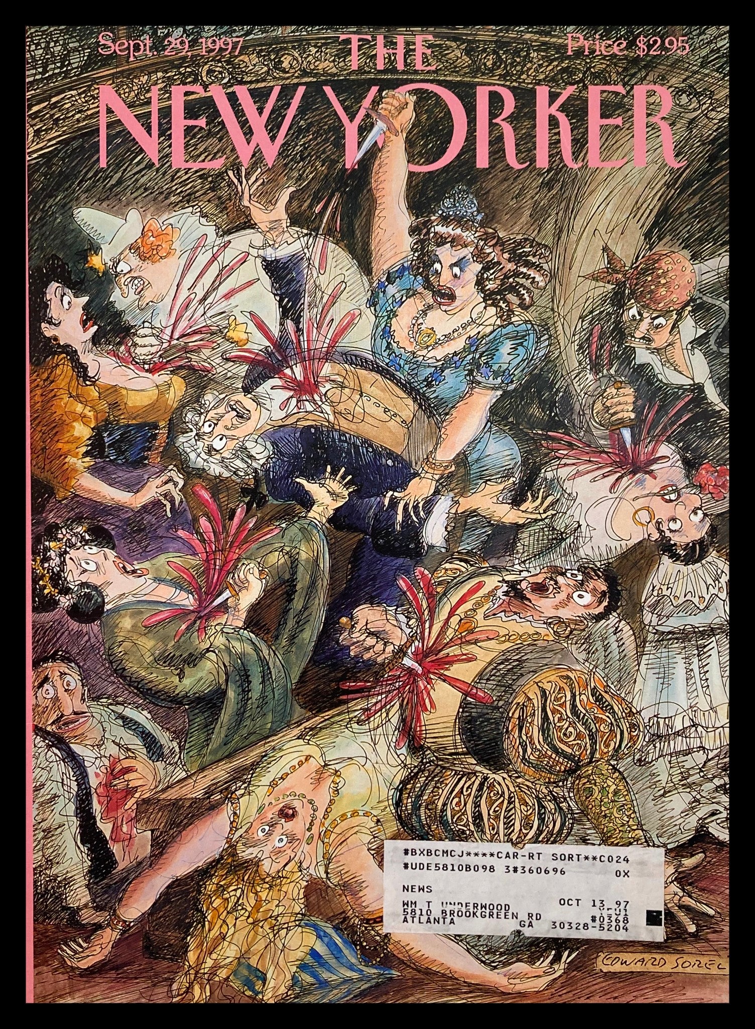 The New Yorker September 29 1997 cover illustration titled 'Opening Night' by Edward Sorel, depicting a vibrant theatrical scene featuring dramatic characters with expressive faces and colorful costumes.