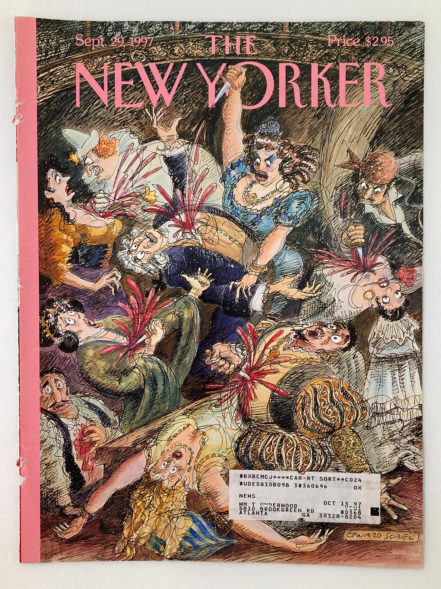 The New Yorker September 29 1997 cover art 'Opening Night' by Edward Sorel, showcasing a lively and chaotic performance scene with exaggerated theatrical expressions and rich detail in clothing and accessories.