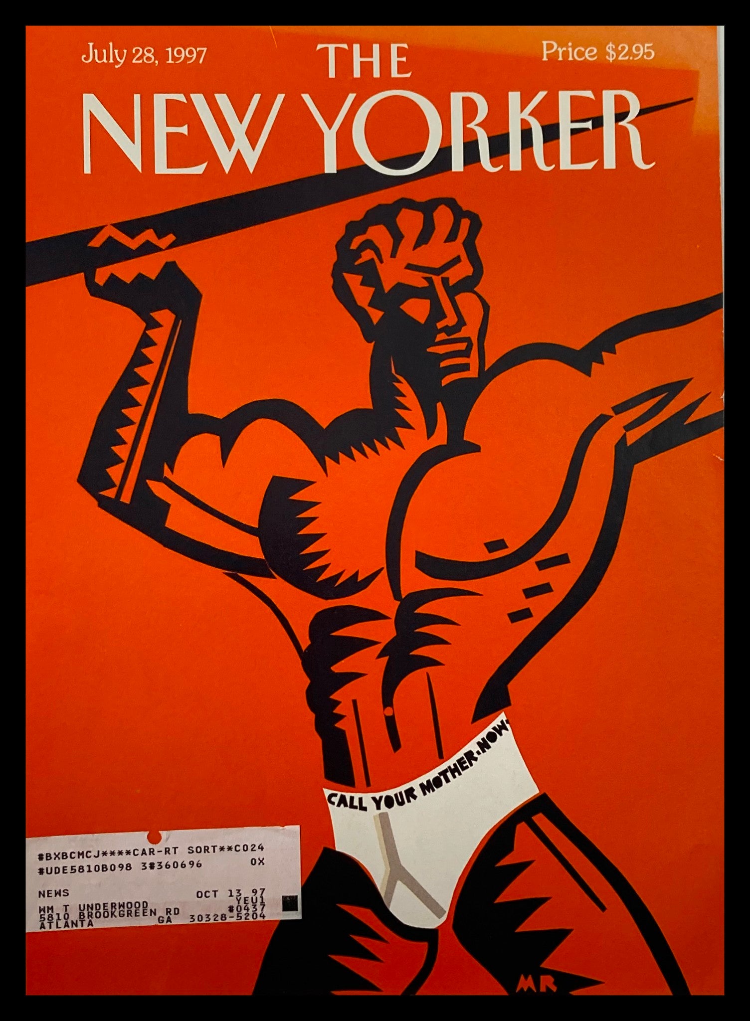 The New Yorker July 28 1997 cover featuring bold orange and black artwork by Michael Roberts, depicting a muscular figure in underwear with the text 'CALL YOUR MOTHER NOW.' This collectible piece captures modern art history.