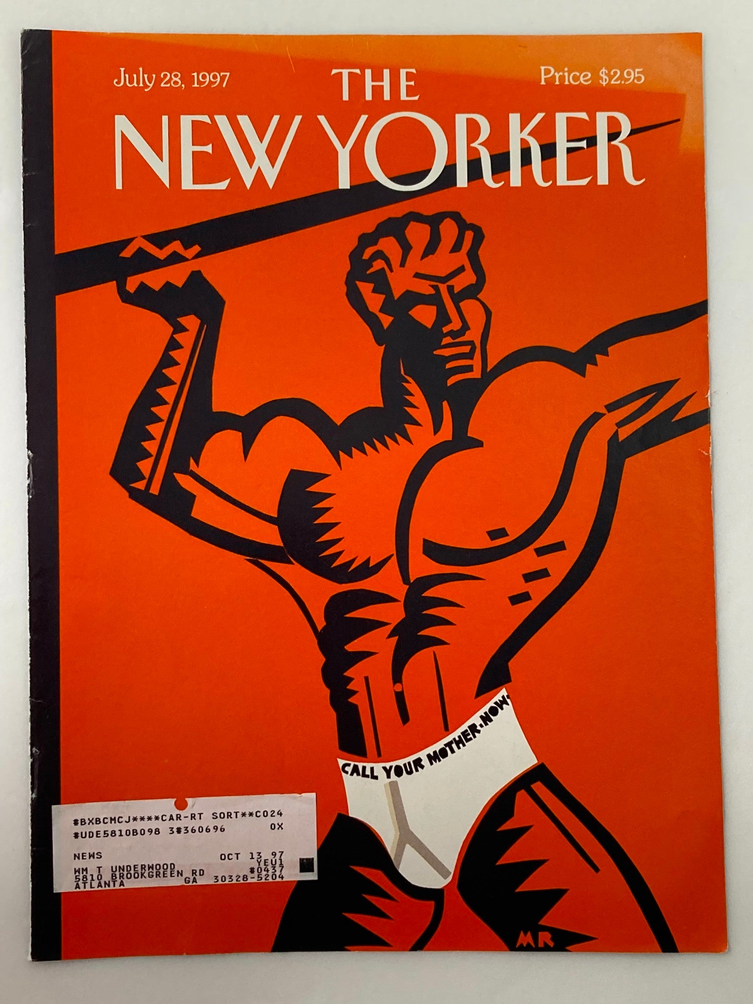 The New Yorker July 28 1997 cover showcasing striking graphic art by Michael Roberts, featuring a strong figure in orange hues, making it a noteworthy addition to any art collection.