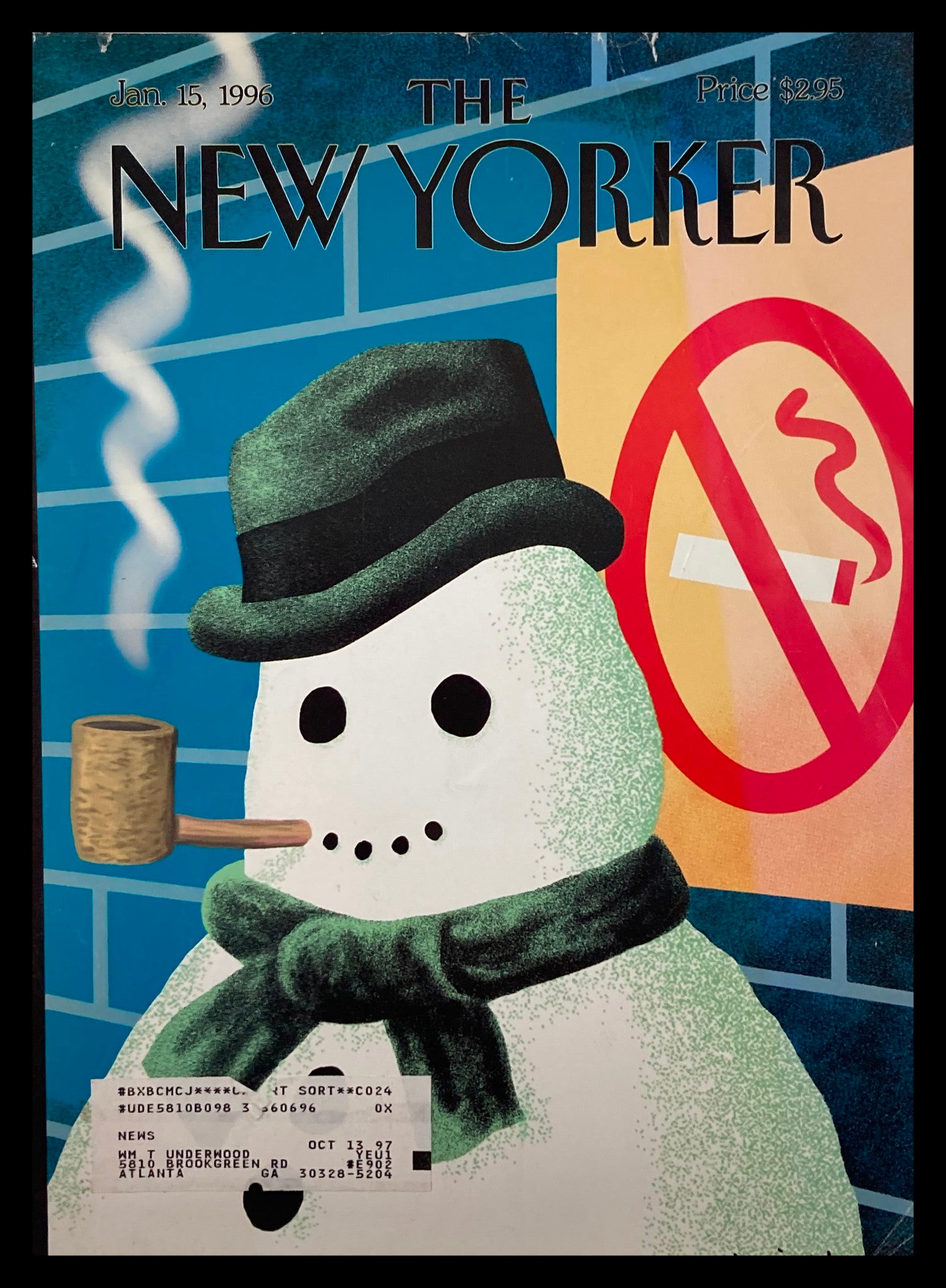 COVER ONLY The New Yorker January 15 1996 Snow Smoking by Art Spiegelman