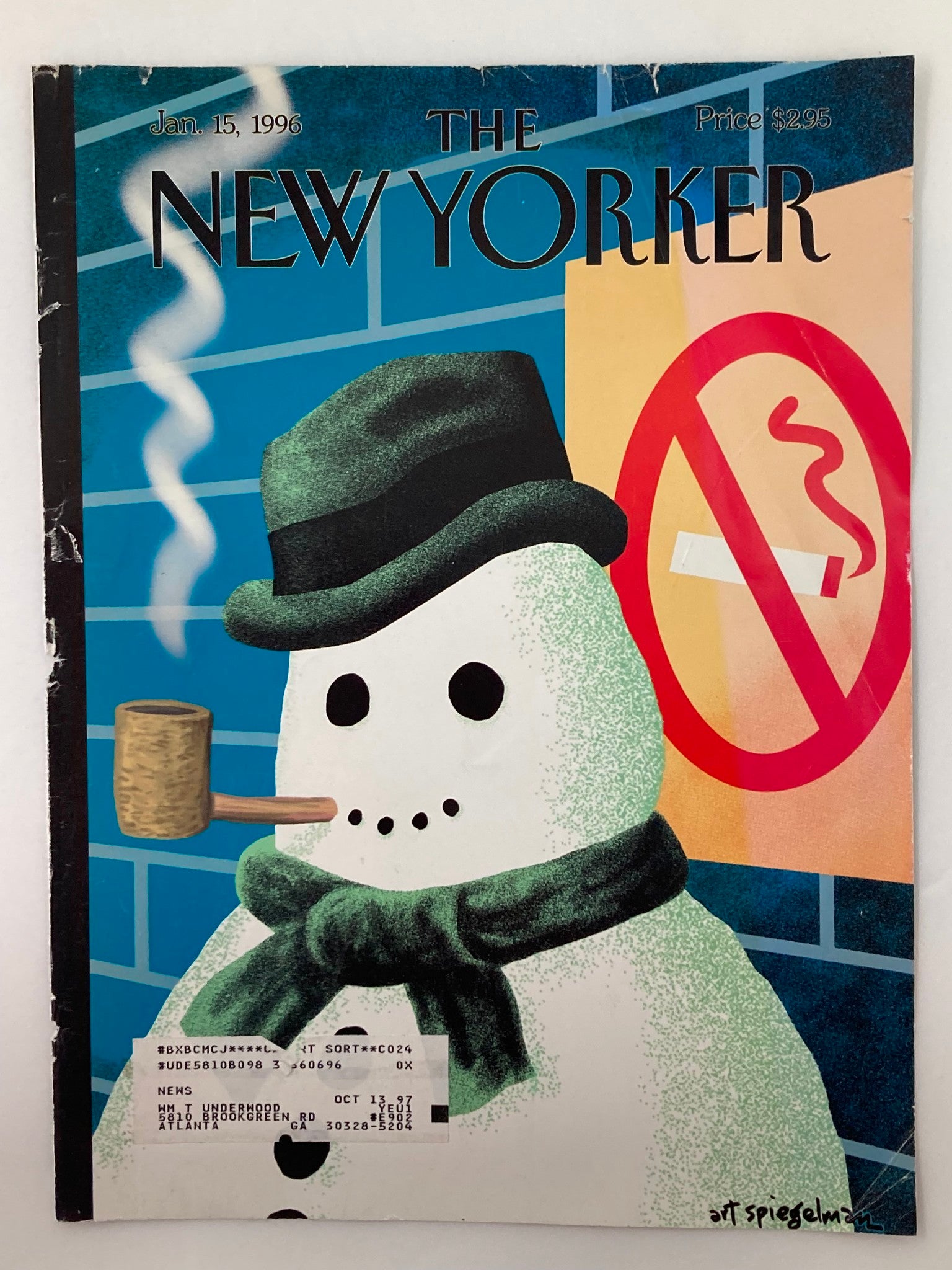 COVER ONLY The New Yorker January 15 1996 Snow Smoking by Art Spiegelman