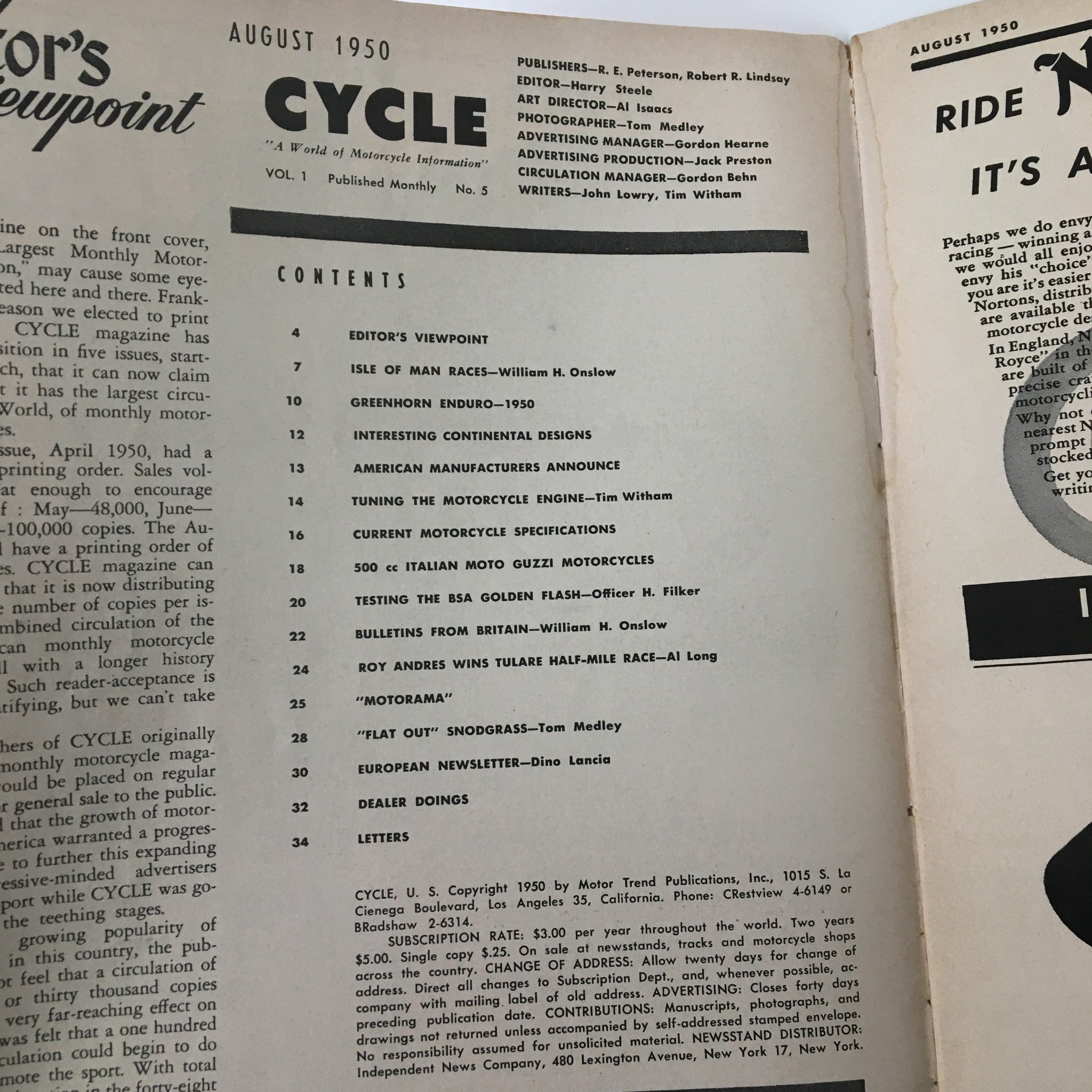 VTG Cycle Magazine August 1950 Turn On The Isle of Man T.T. Course No Label