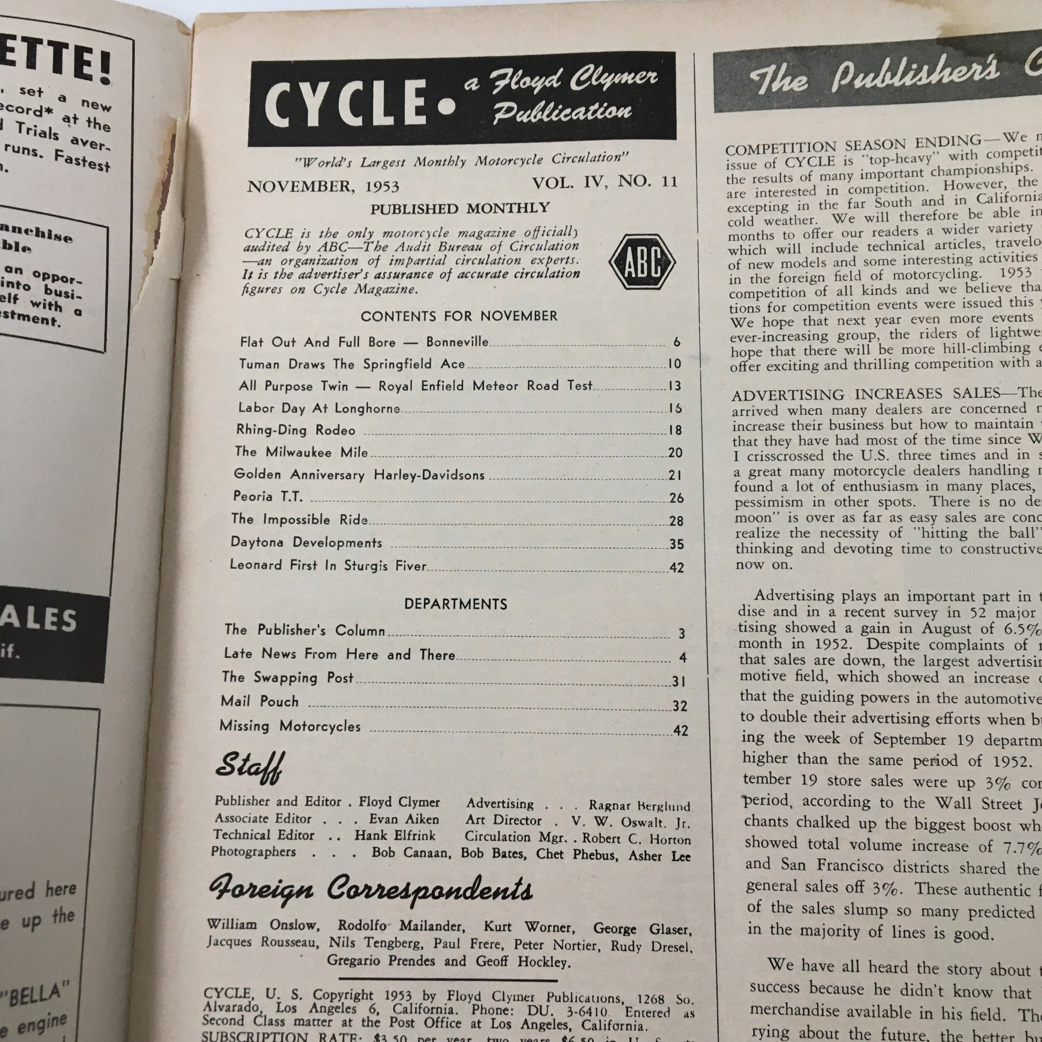 VTG Cycle Magazine November 1953 The Jack Pine Endurance Run No Label