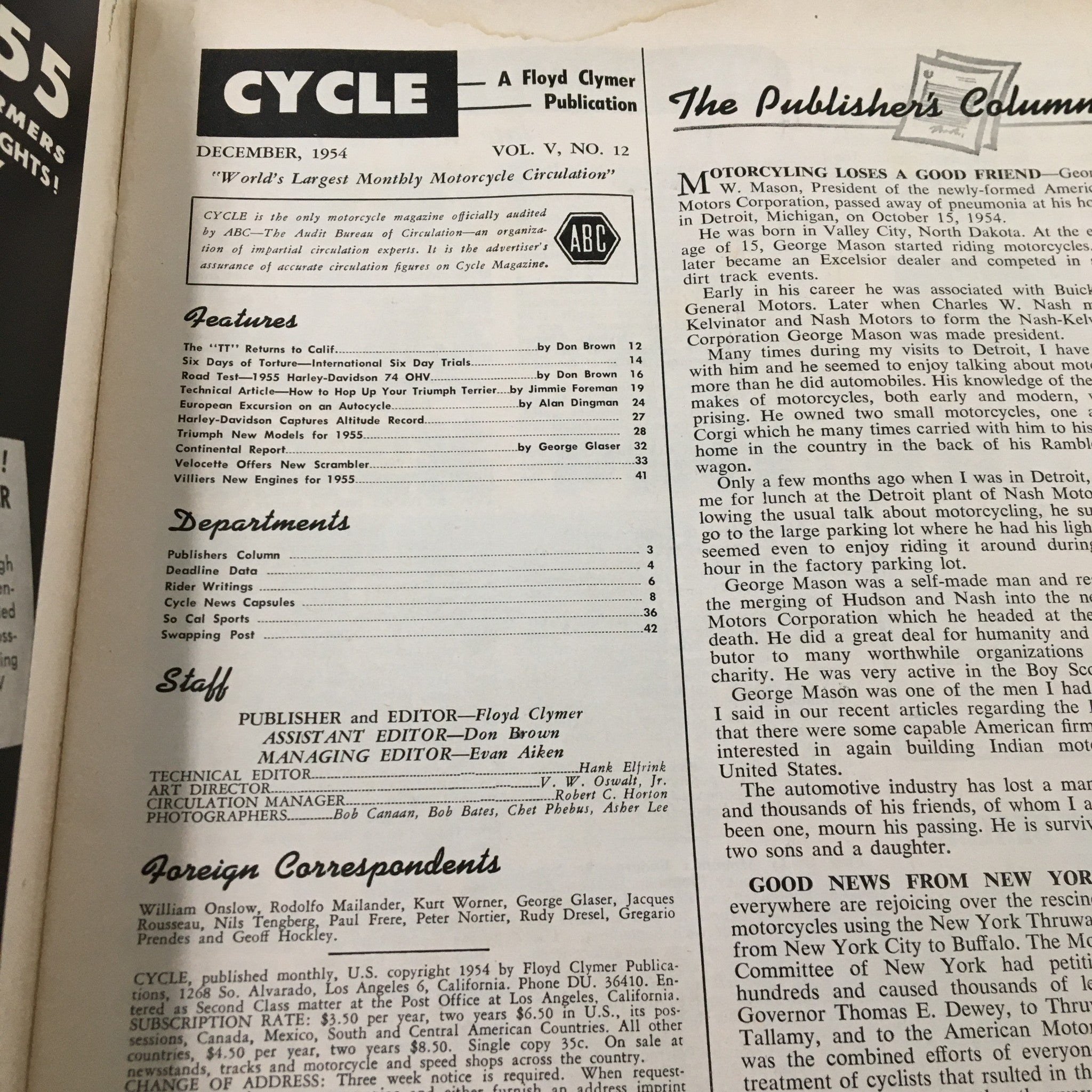 VTG Cycle Magazine December 1954 Road Test of Harley Davidson 74 OHV No Label