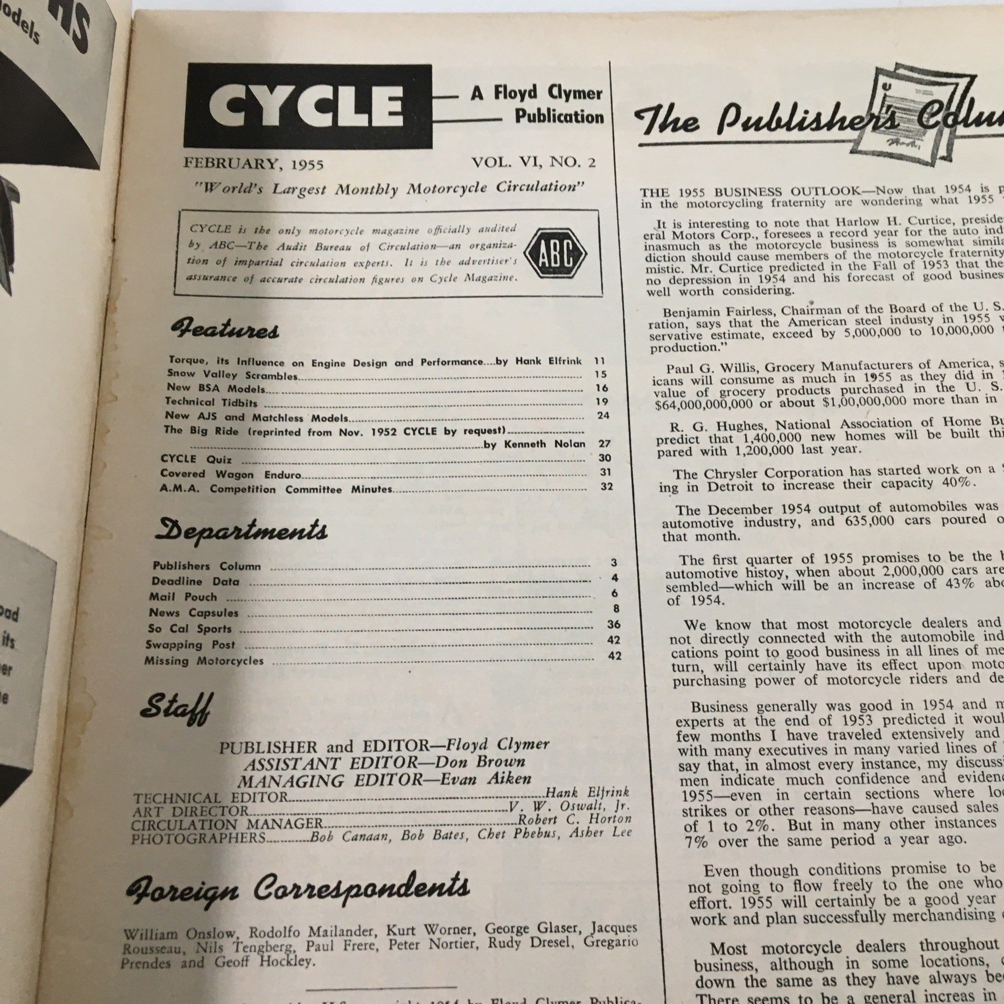 VTG Cycle Magazine February 1955 Covered Wagon Enduro What is Torque No Label