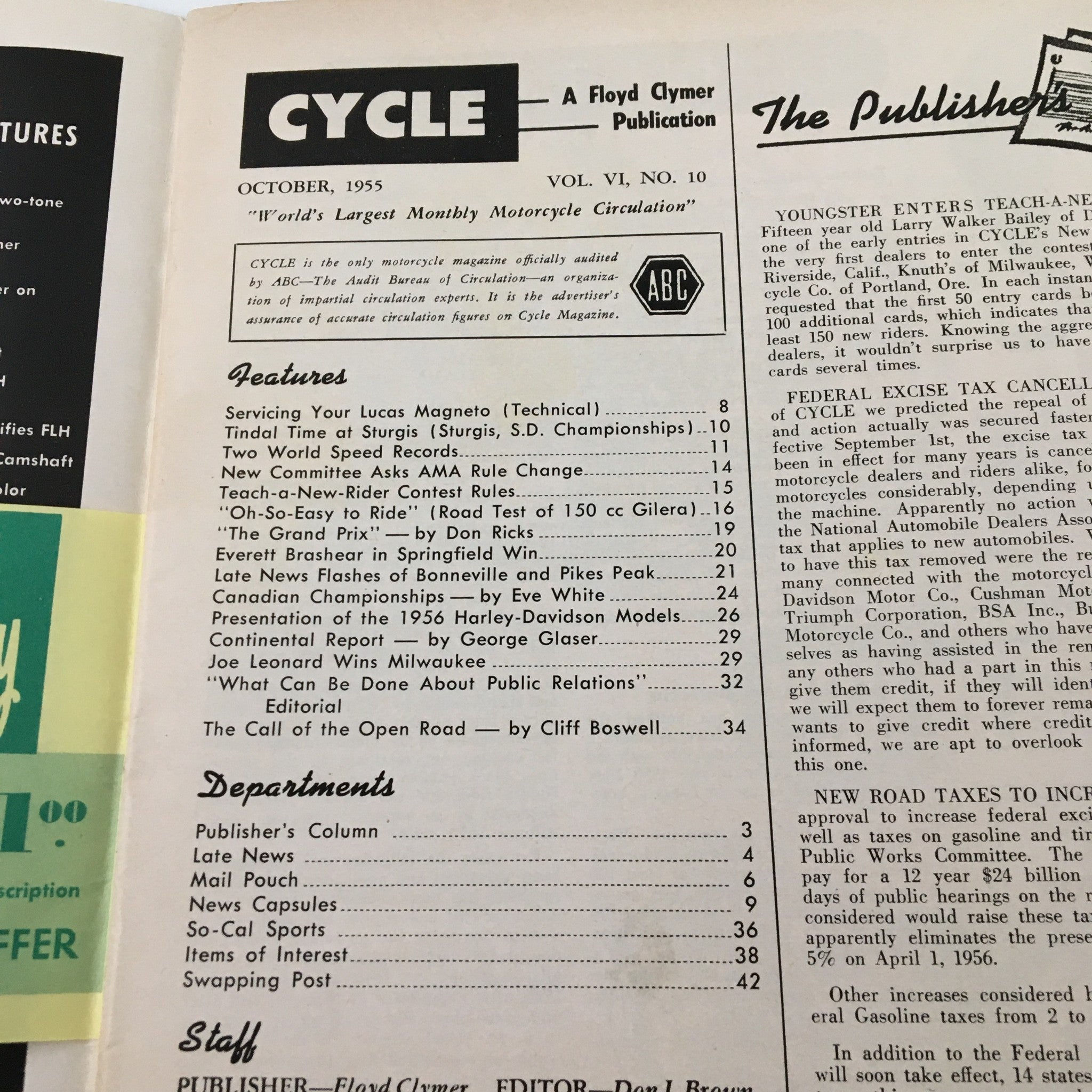 VTG Cycle Magazine October 1955 Everett Brashear AMA Points 1st Place No Label