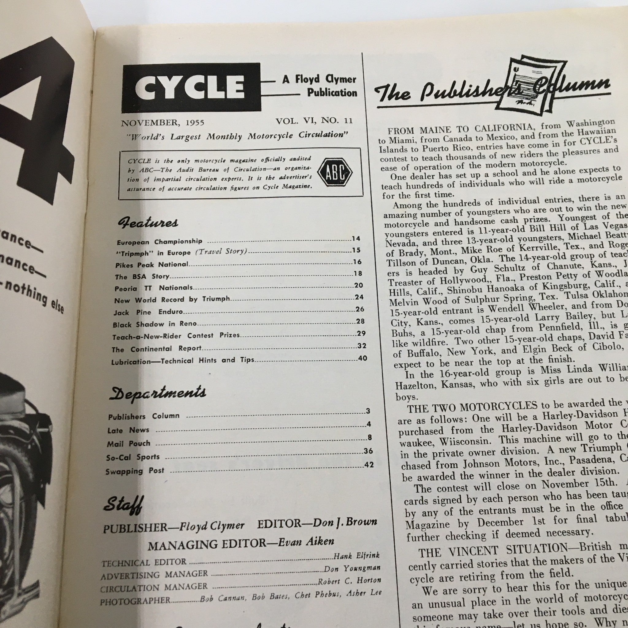 VTG Cycle Magazine November 1955 Johnny Allen Record-Breaking Triumphs No Label