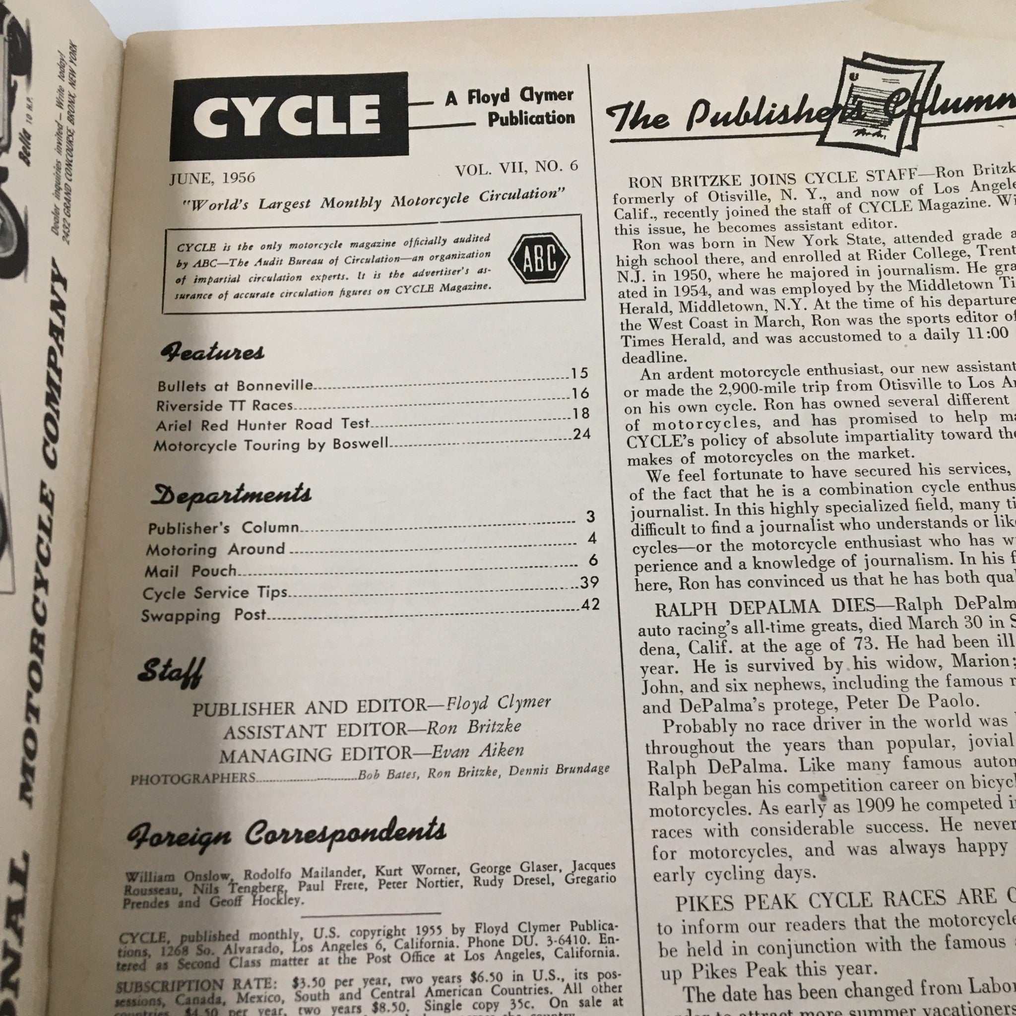 VTG Cycle Magazine June 1956 Road Test The Ariel Red Hunter No Label