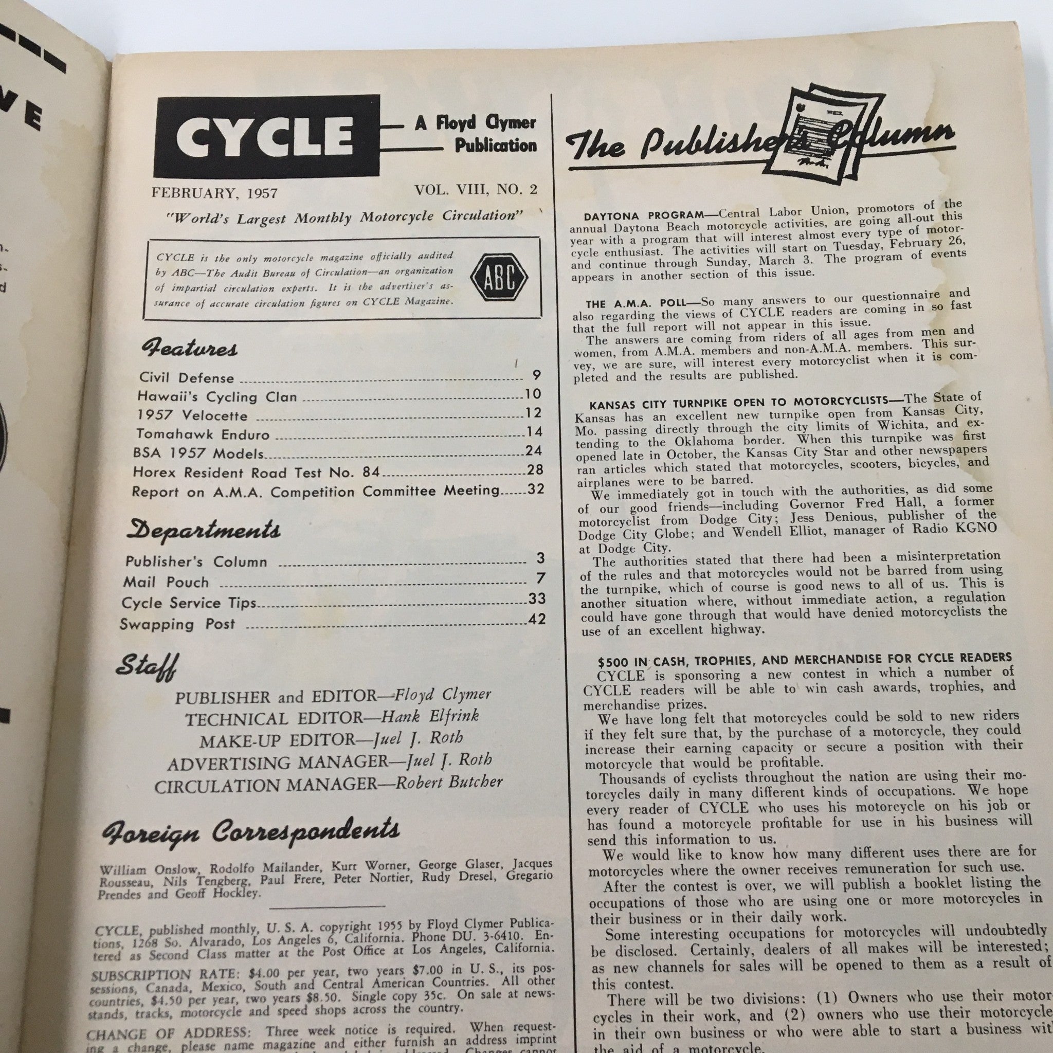 VTG Cycle Magazine February 1957 Horex Resident Road Test No. 84 No Label