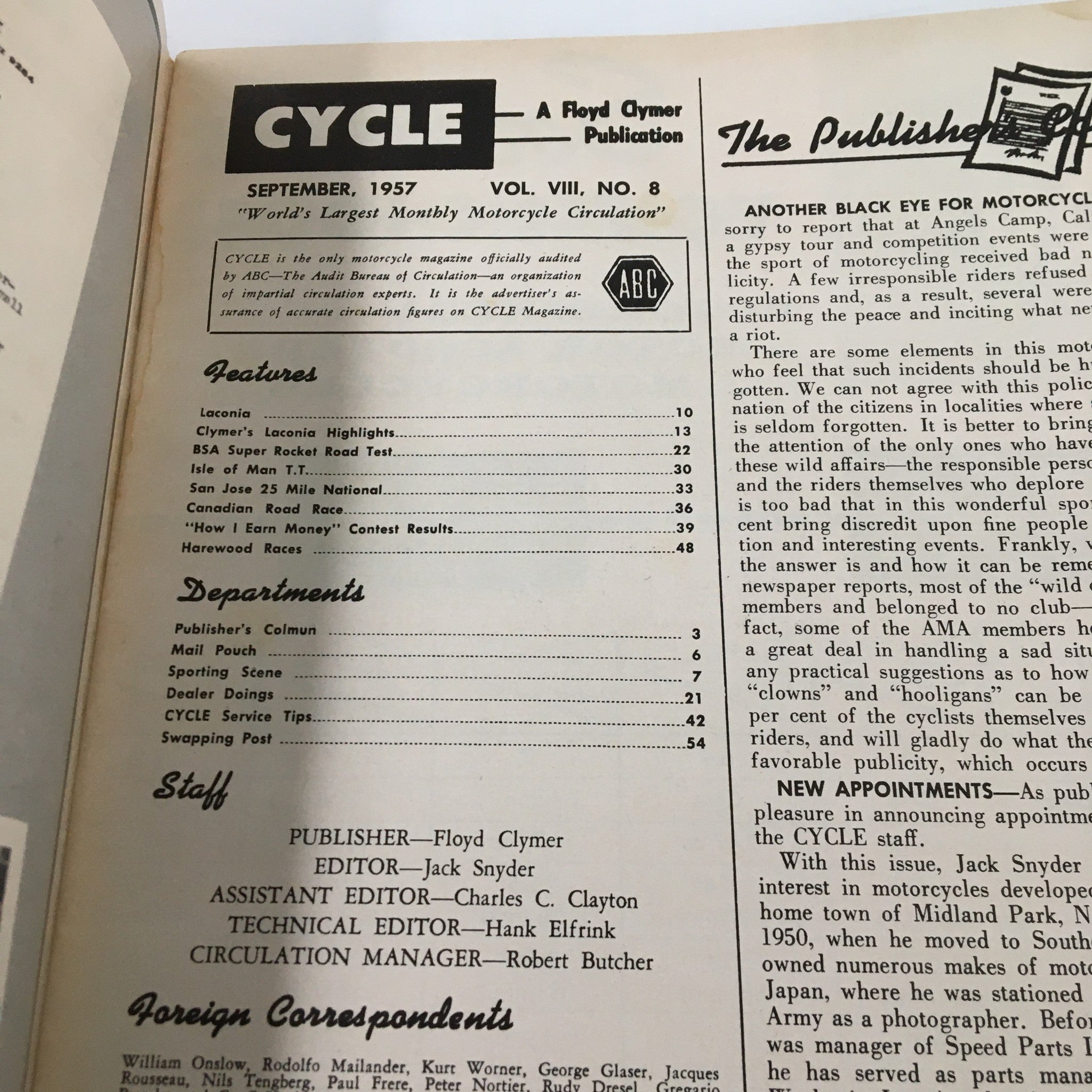 VTG Cycle Magazine September 1957 Clymer's Laconia Highlights No Label