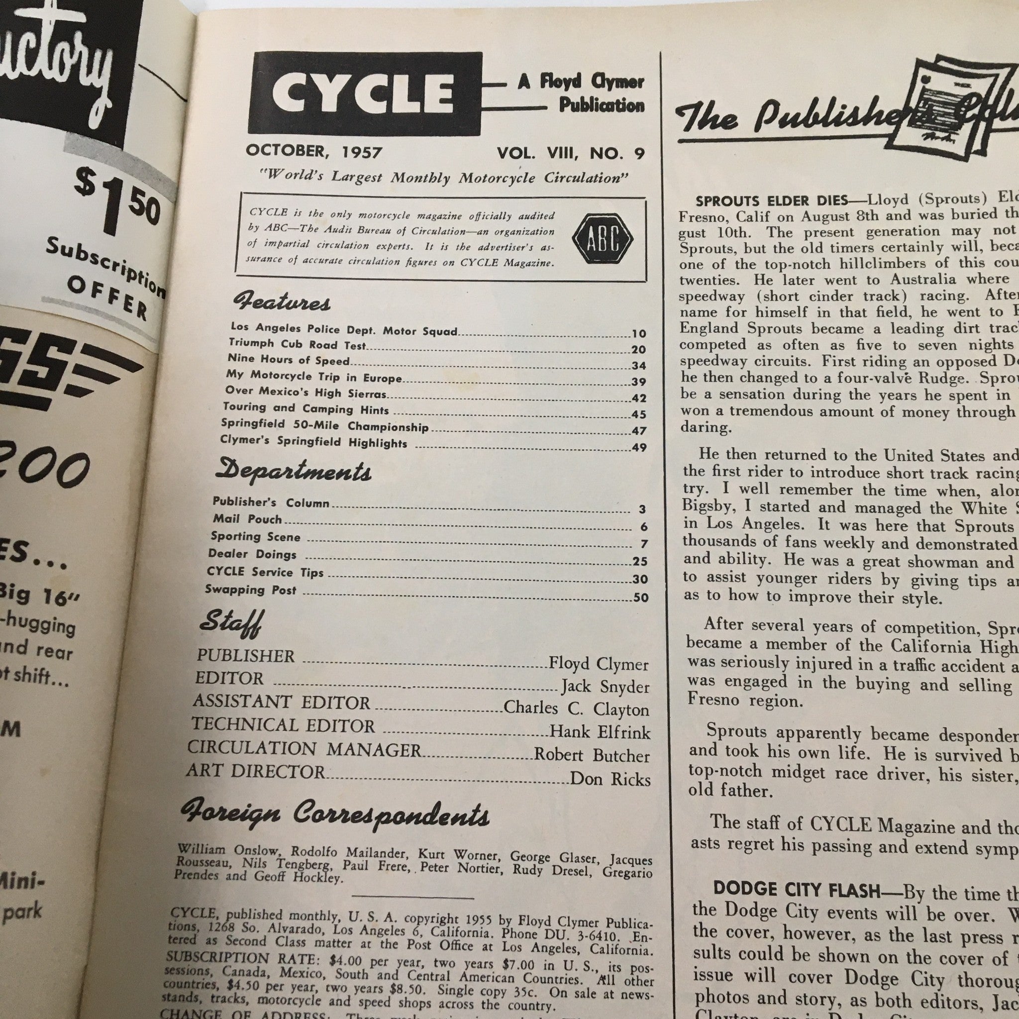 VTG Cycle Magazine October 1957 My Motorcylce Trip in Europe No Label