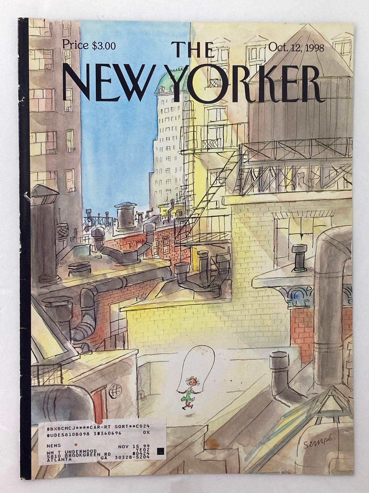 COVER ONLY The New Yorker October 12 1998 On the Roof by Jean-Jacques Sempe