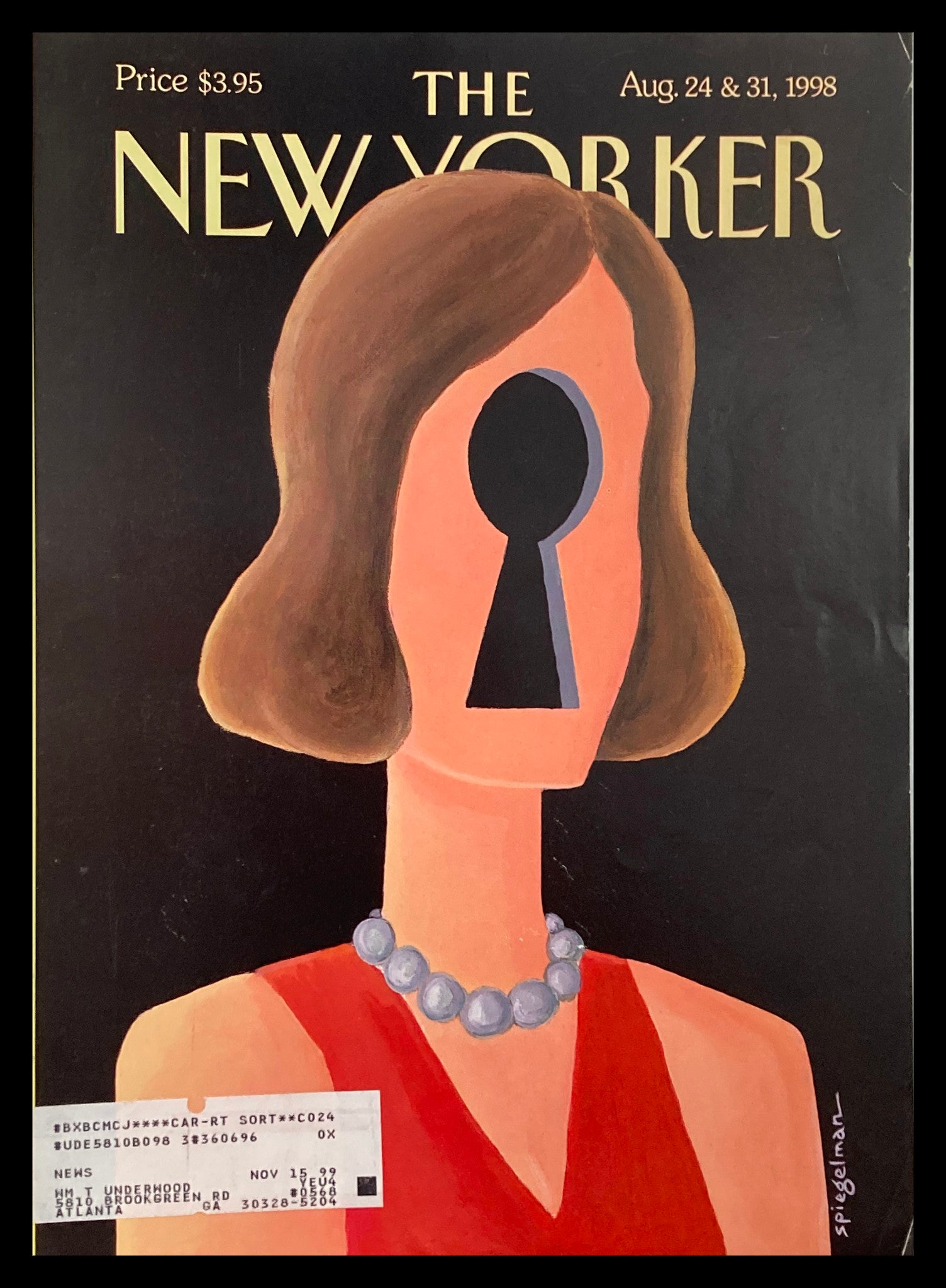 Cover of The New Yorker dated August 24, 1998, titled 'Private Lives' by Art Spiegelman, featuring a stylized illustration of a woman with a keyhole in place of her face.
