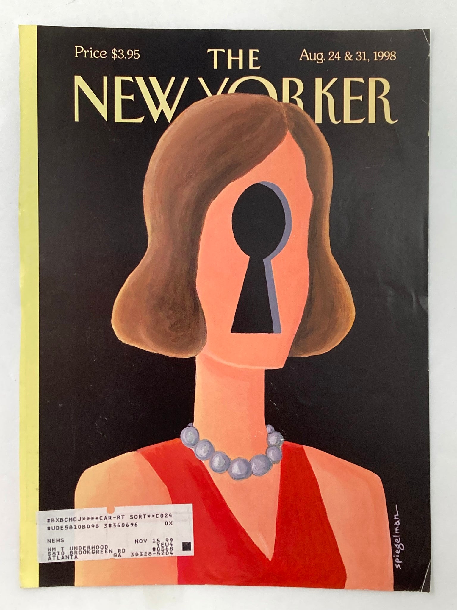 Cover of The New Yorker dated August 24, 1998, titled 'Private Lives' by Art Spiegelman, showcasing a woman in a red dress adorned with a pearl necklace, with a keyhole graphic.