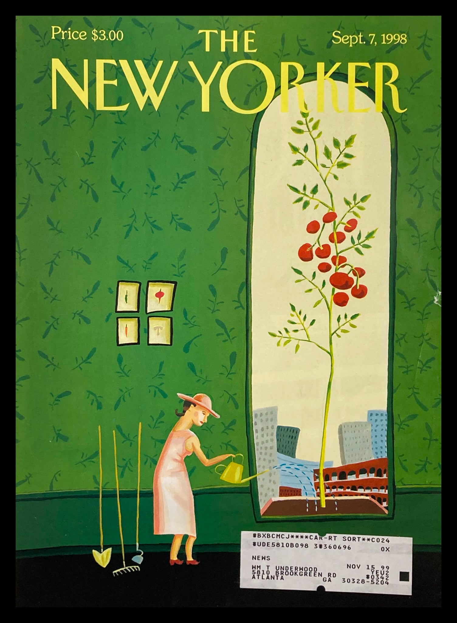 COVER ONLY The New Yorker September 7 1998 with Window Box cover art by Juliet Borda, depicting a woman watering a plant in a green room.