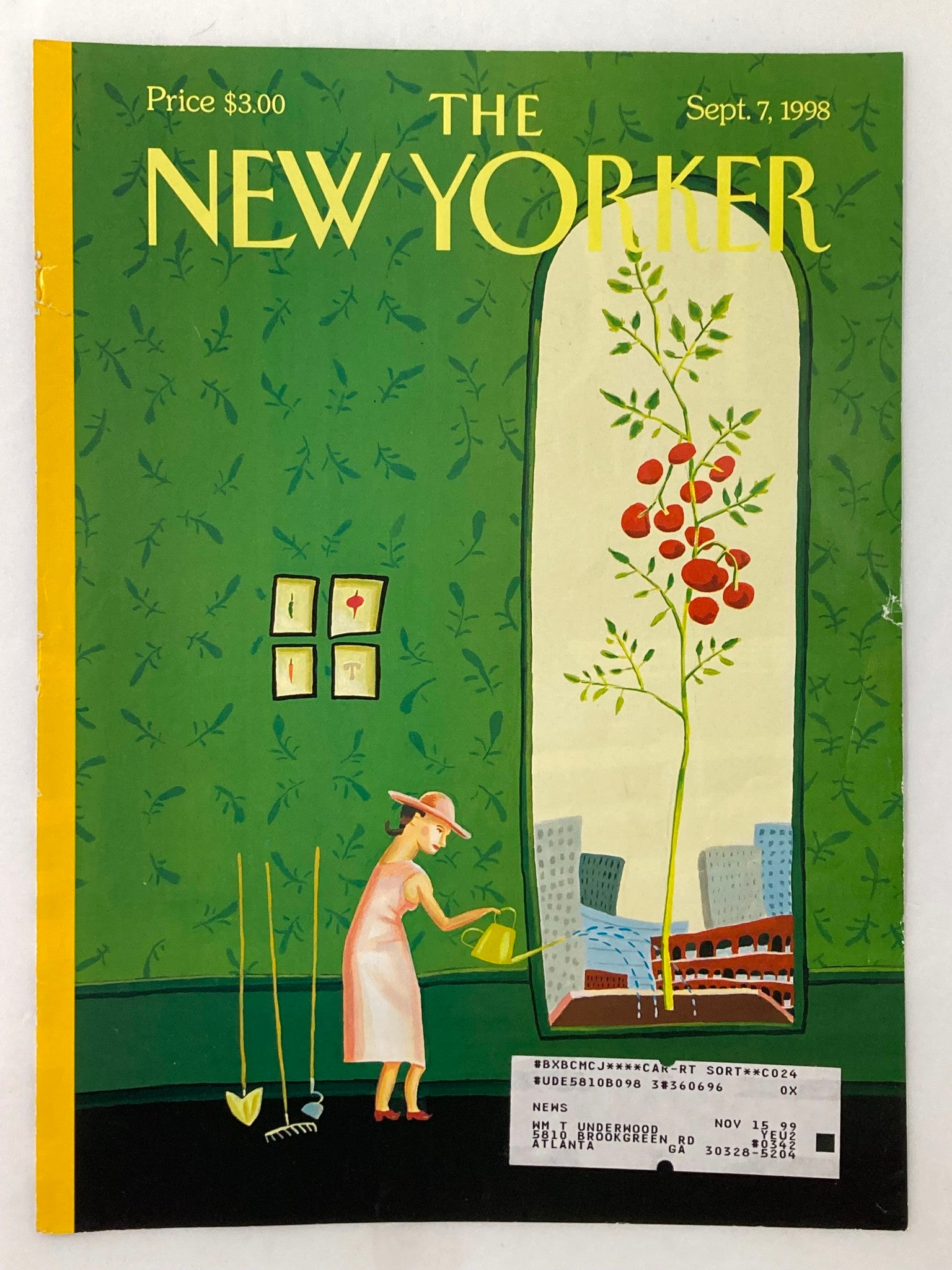 COVER ONLY The New Yorker September 7 1998 featuring Window Box cover art by Juliet Borda, showcasing a woman in a pink dress watering plants in a vibrant room.