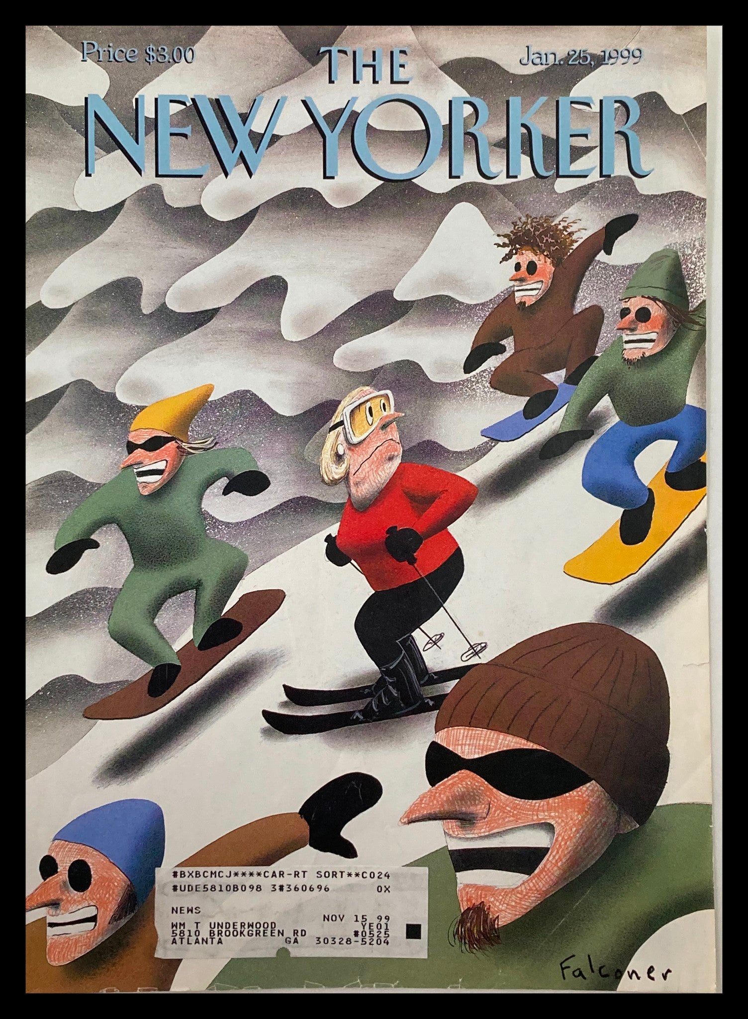 COVER ONLY The New Yorker January 25 1999 Skiing Downhill by Ian Falconer