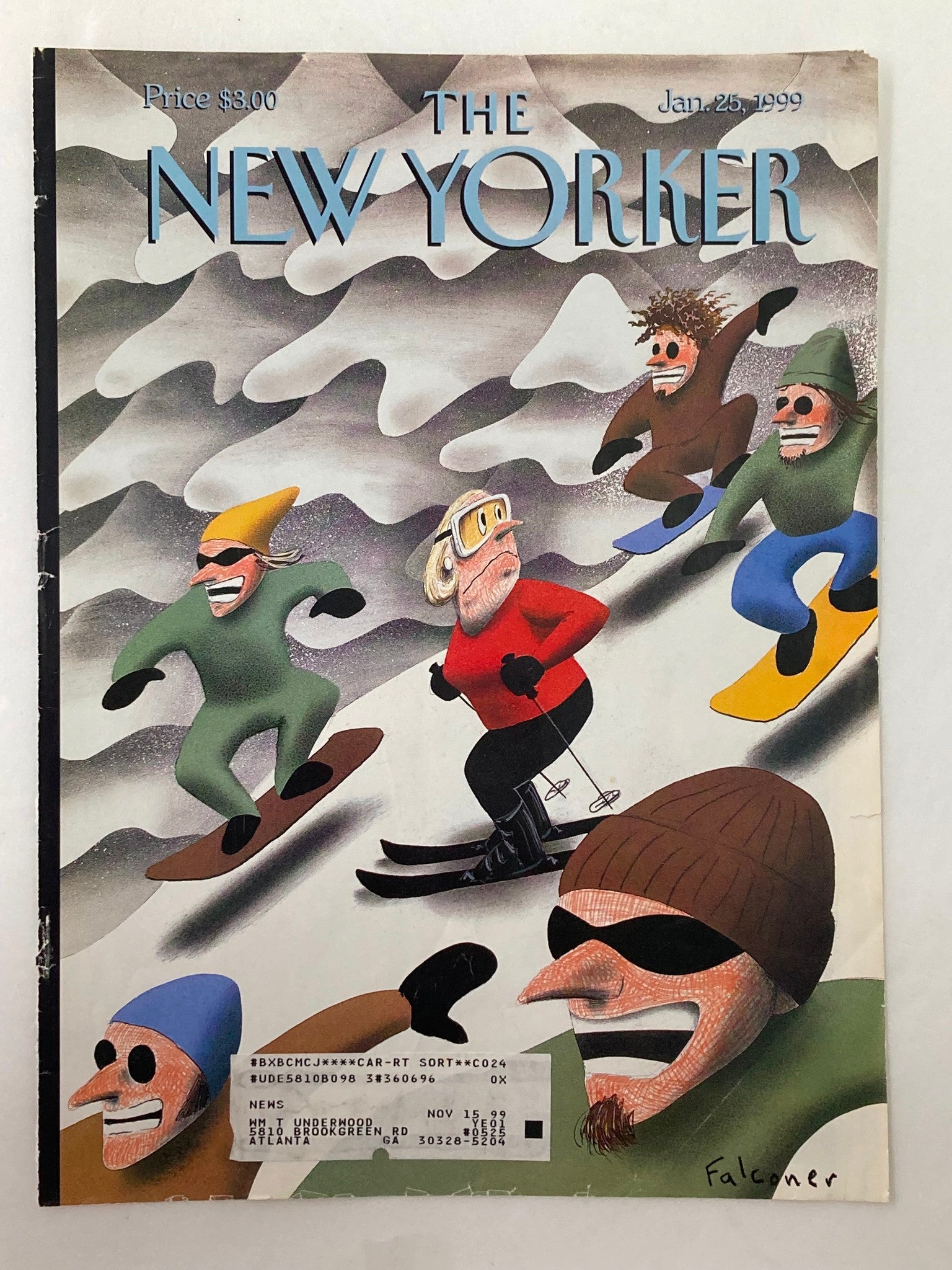 COVER ONLY The New Yorker January 25 1999 Skiing Downhill by Ian Falconer