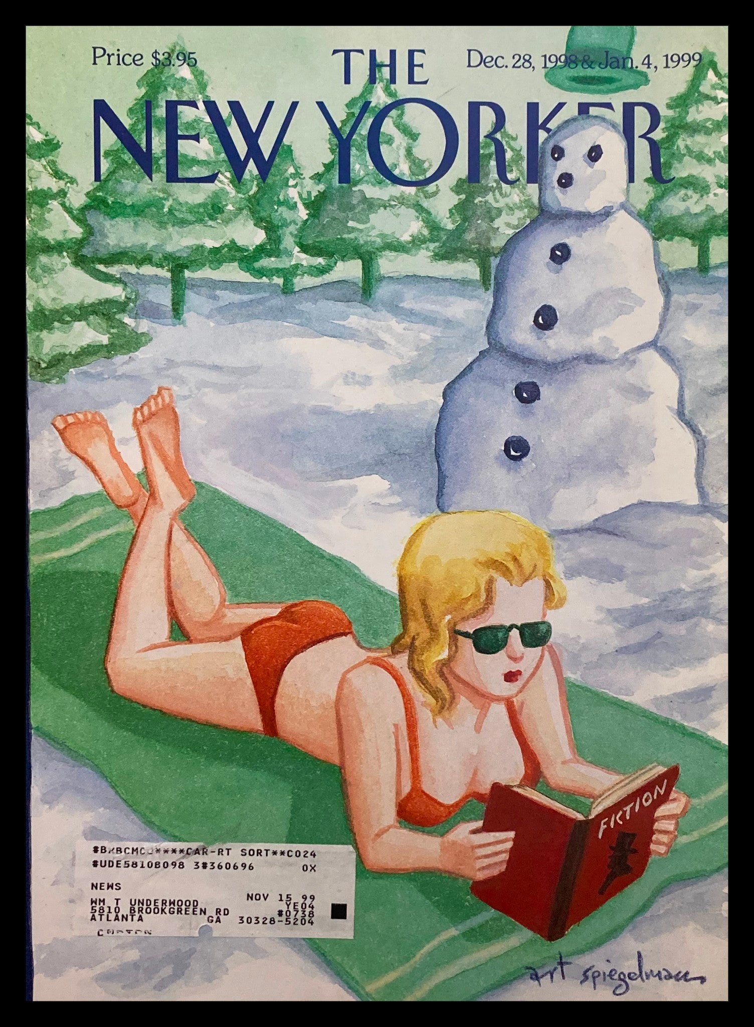 COVER ONLY The New Yorker December 28 1998 Snow Reading by Art Spiegelman