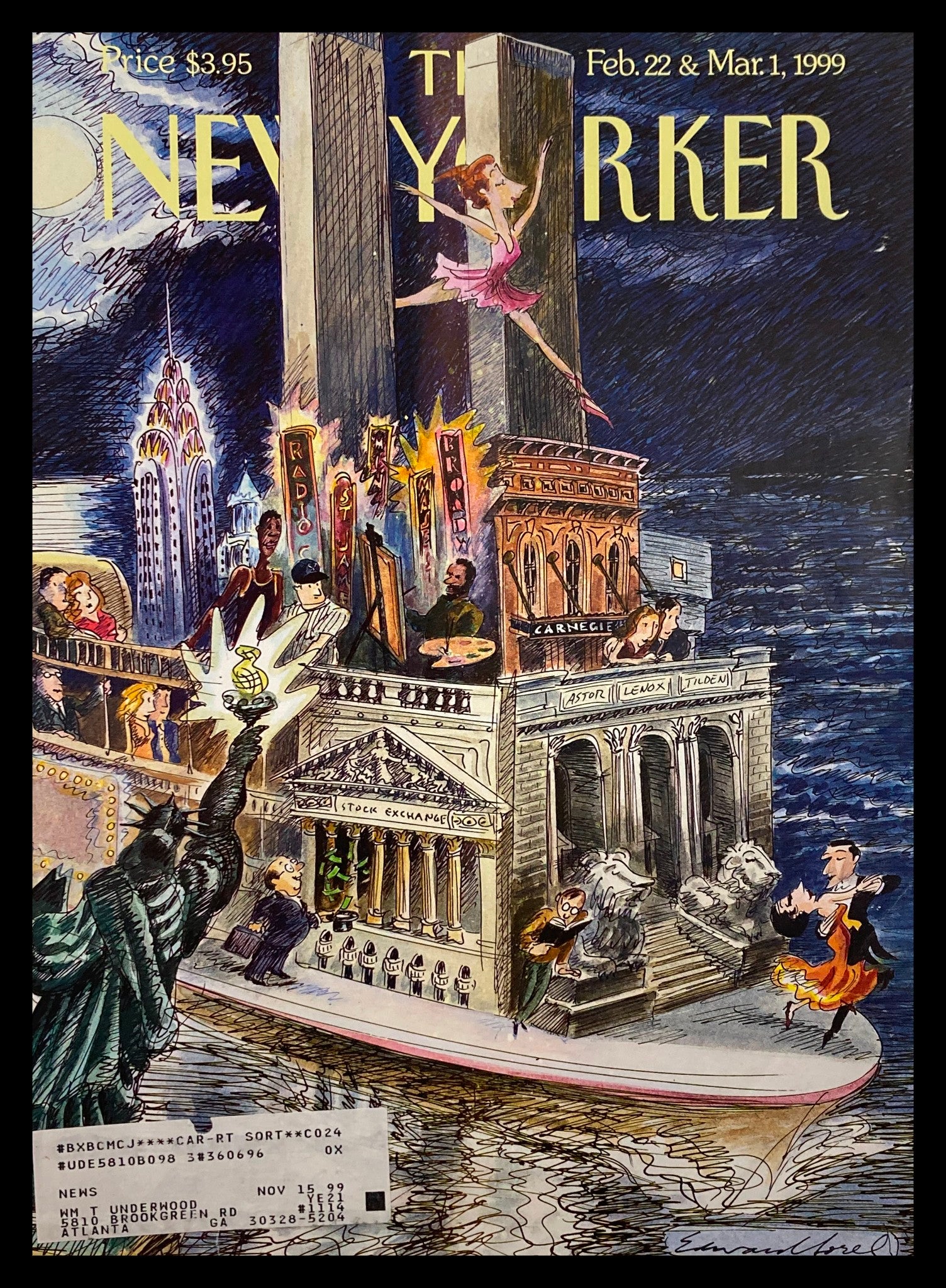 The New Yorker Cover February 22 1999 City of Dreams by Edward Sorel, featuring a colorful urban scene with the Statue of Liberty, skyscrapers, and dancers, showcasing the vibrant culture of New York City.