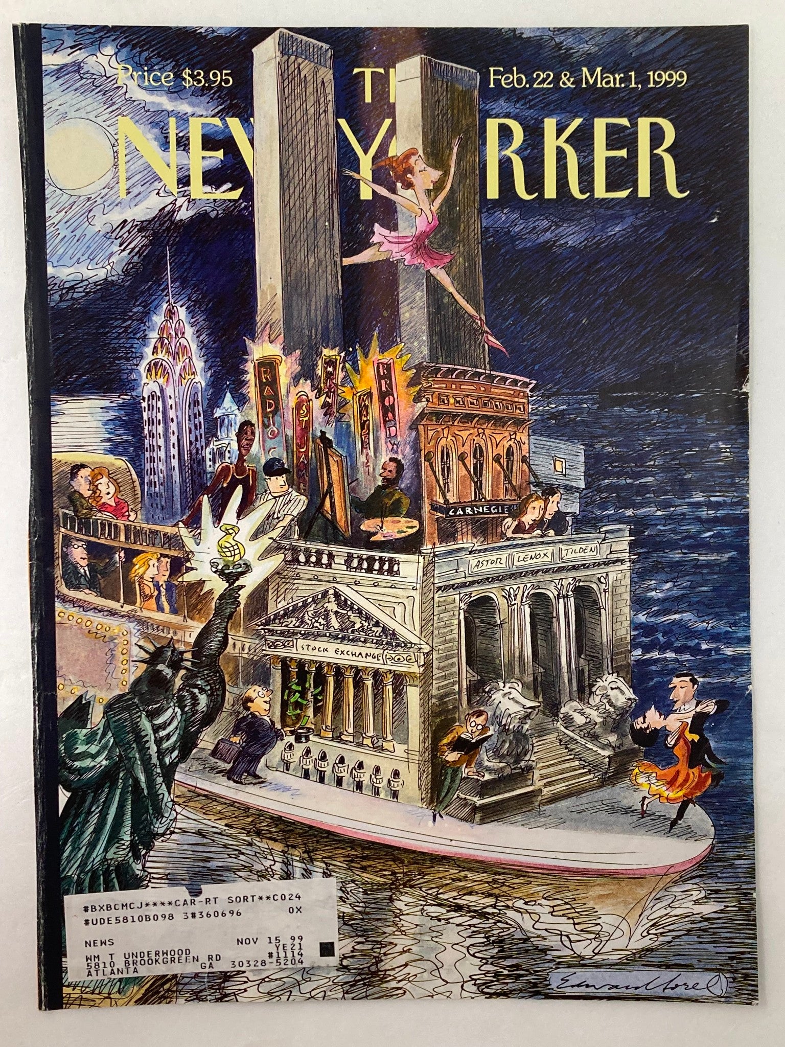 The New Yorker Cover February 22 1999 City of Dreams by Edward Sorel, depicting a lively New York City scene with iconic landmarks, characters, and a dramatic portrayal of city life.