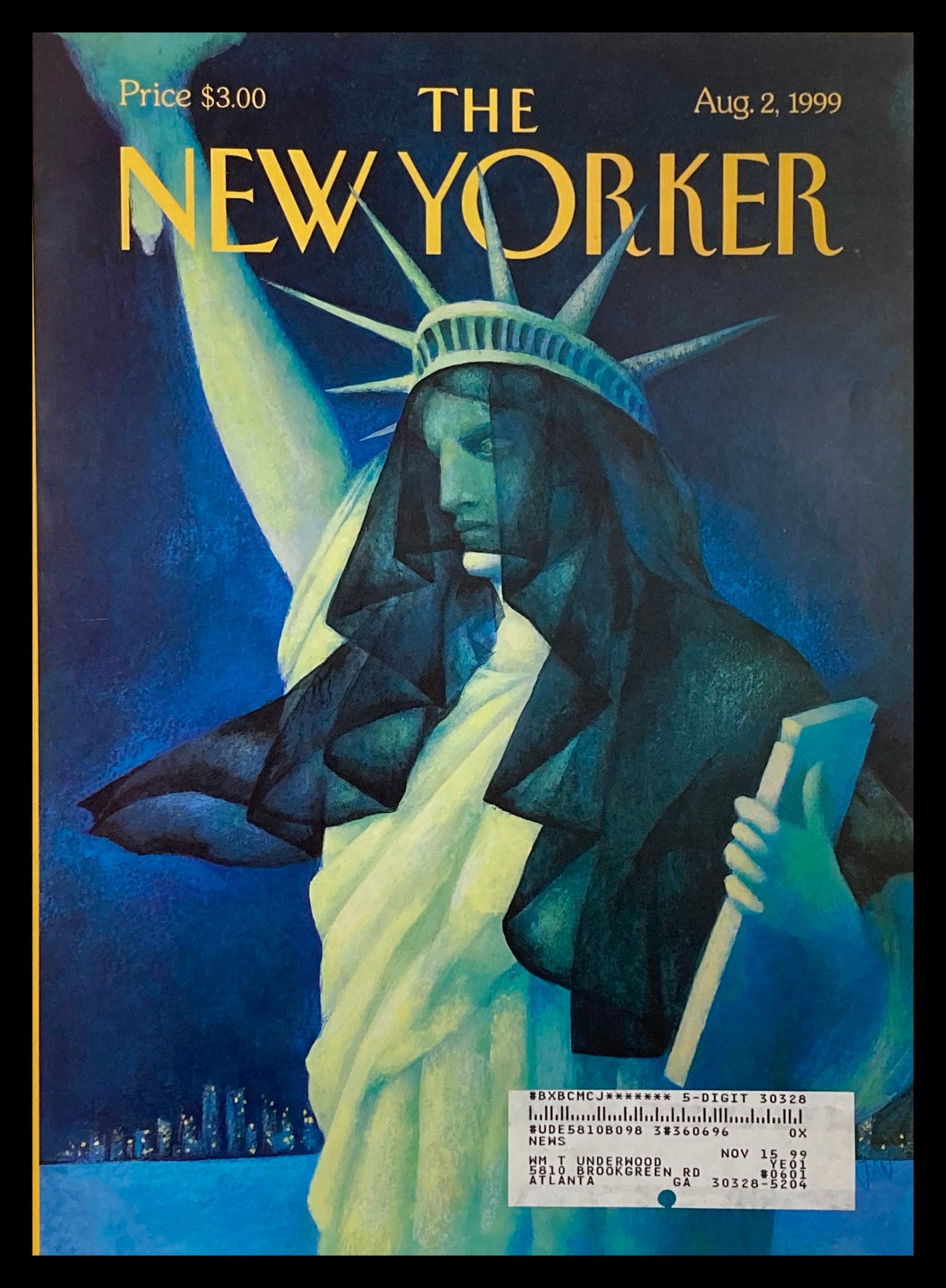 The New Yorker August 2 1999 cover titled 'City in Mourning' featuring an artistic illustration of the Statue of Liberty, created by Ana Juan, symbolizing reflection and resilience in urban life.