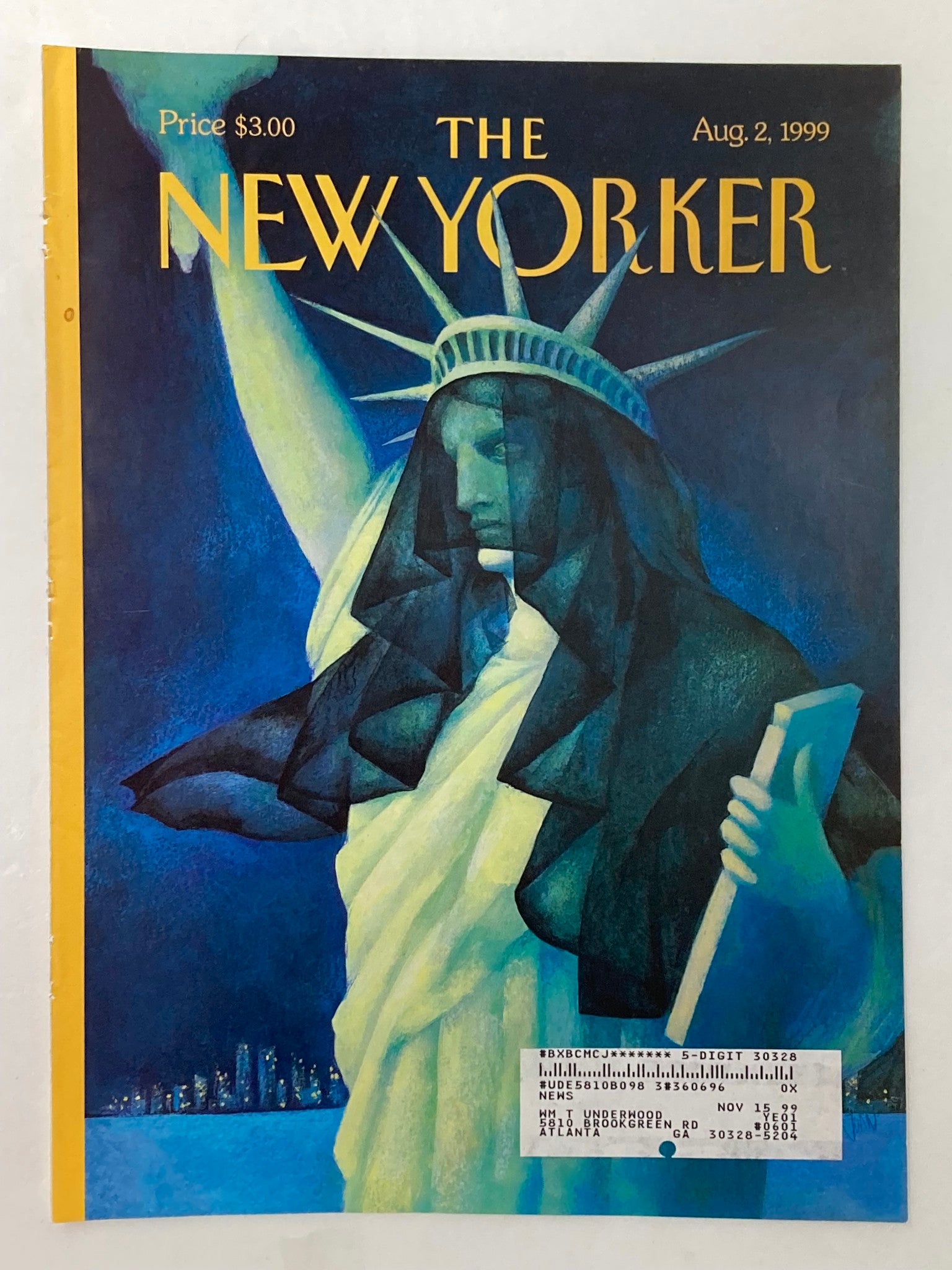 The New Yorker August 2, 1999 cover titled 'City in Mourning' by Ana Juan, featuring a striking illustration of the Statue of Liberty with a somber expression, representing urban reflection and poignancy.