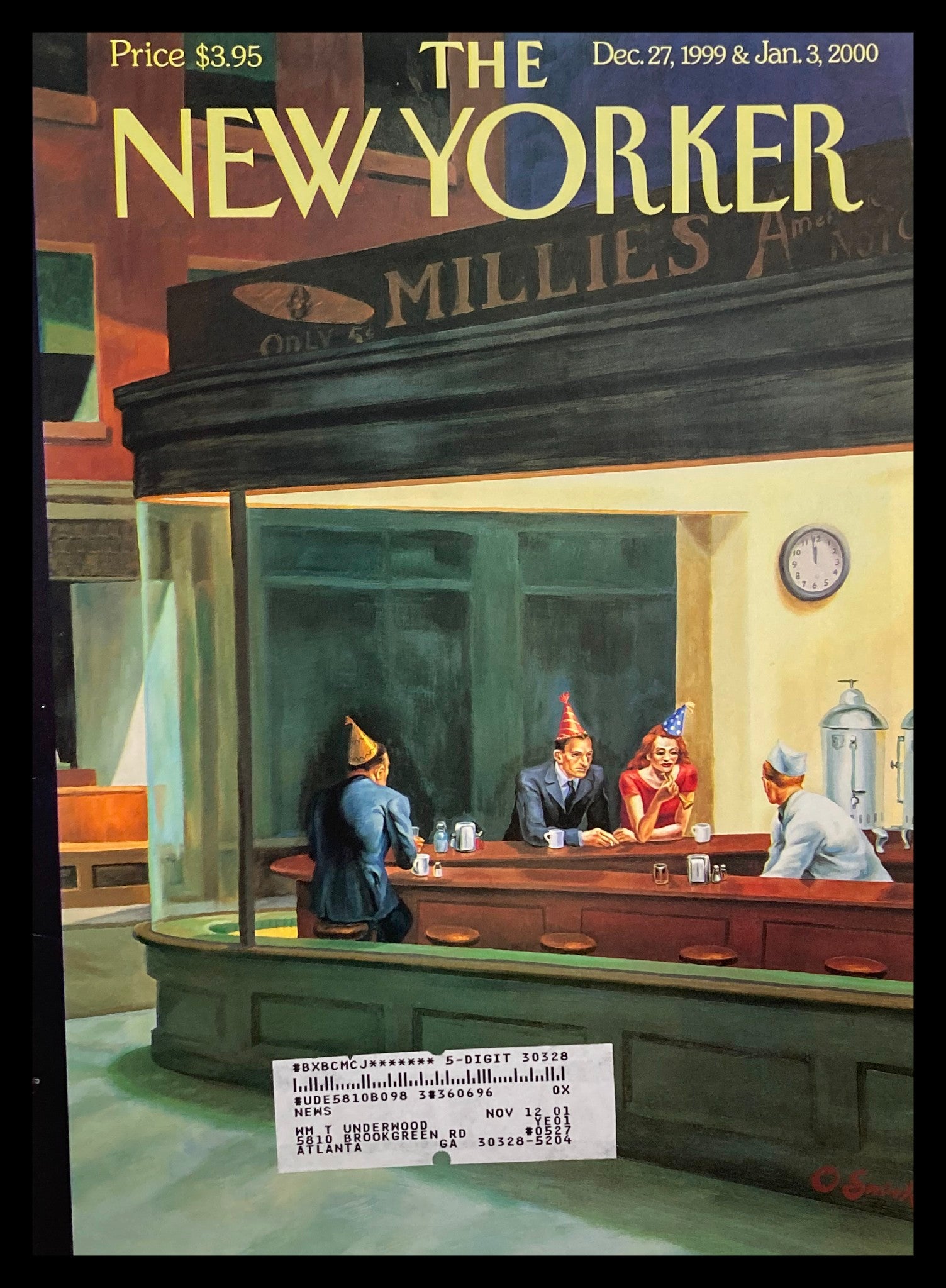 Cover of The New Yorker magazine, December 27, 1999, featuring a New Year's Eve scene by Owen Smith, showcasing patrons at a bar wearing festive party hats. The cover highlights the magazine's title and price.