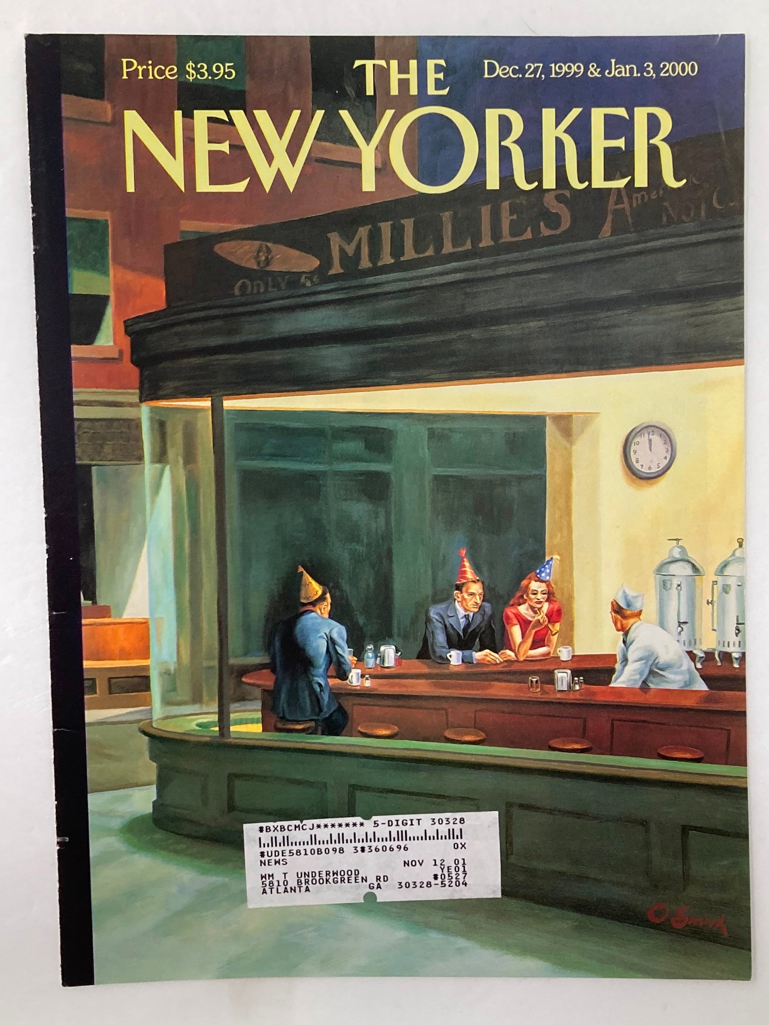 Cover of The New Yorker magazine, December 27, 1999, highlighted with New Year's Eve celebrations with bar patrons in party hats illustrated by Owen Smith, displaying the magazine's title and pricing information.
