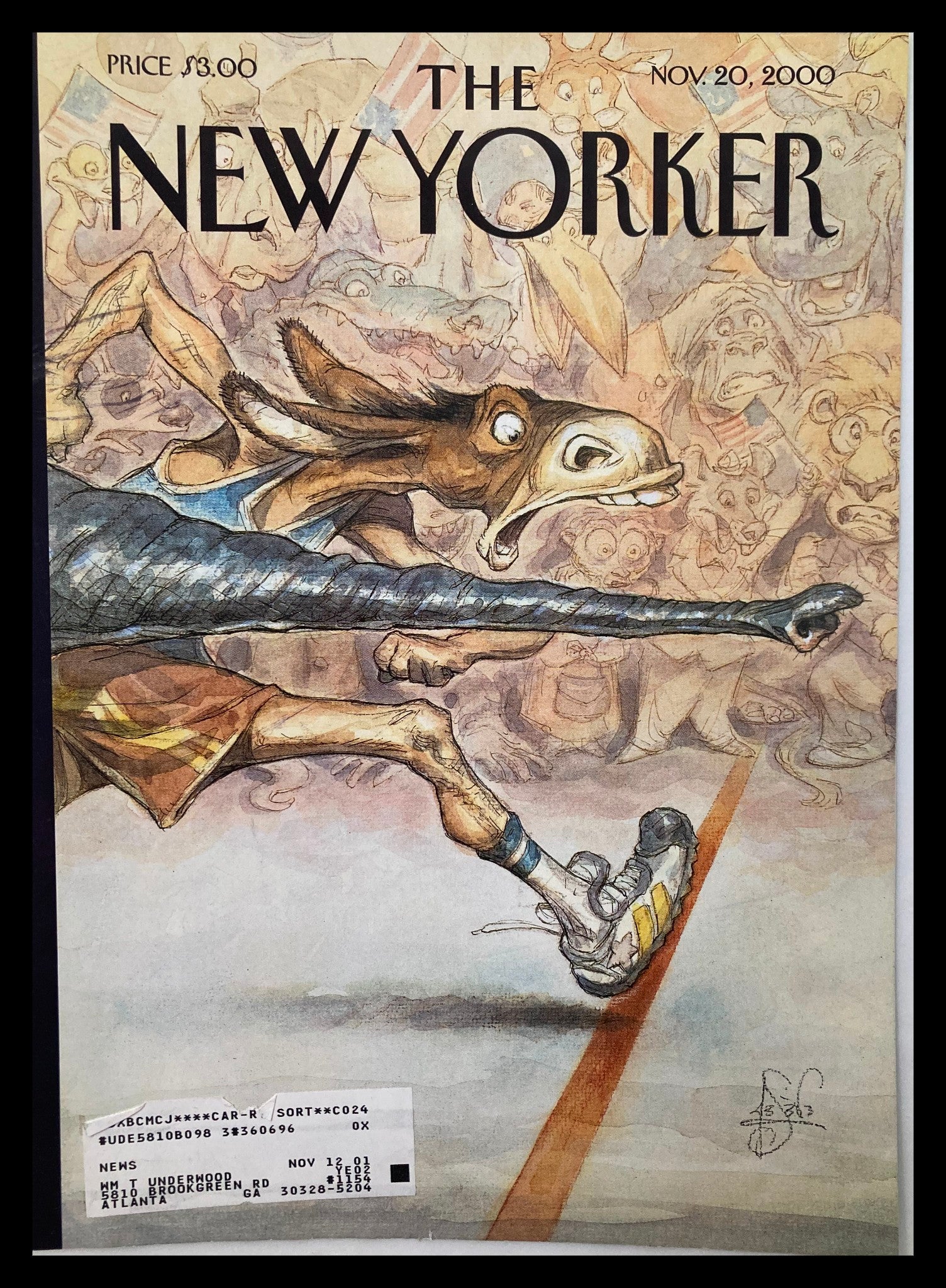 COVER ONLY The New Yorker November 20 2000 By a Nose? by Peter de Seve