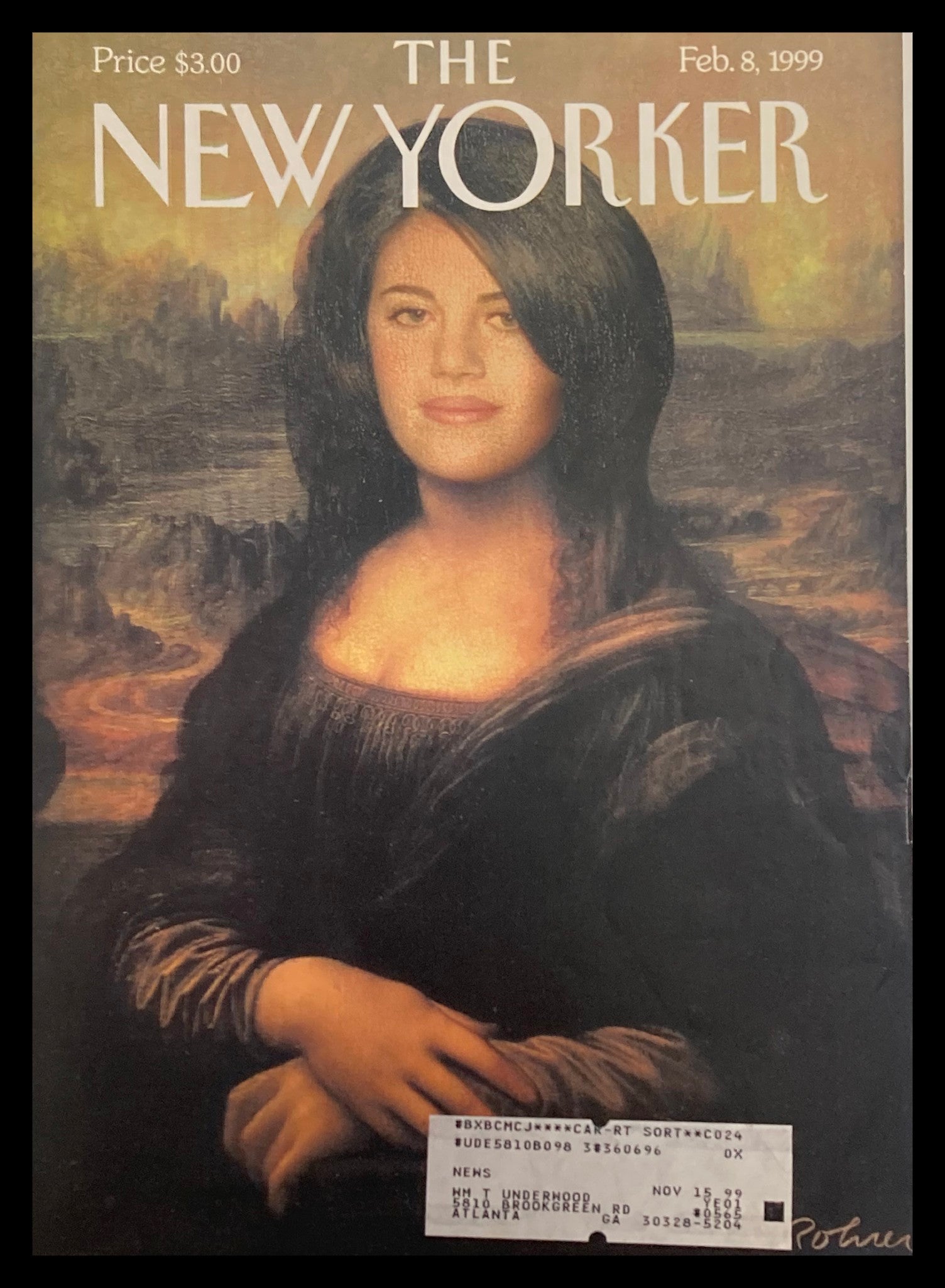 Cover art from The New Yorker dated February 8, 1999, featuring Monica Lewinsky, illustrated by Dean Rohrer. The cover showcases a reinterpretation of the Mona Lisa, blending iconic art with contemporary political themes.