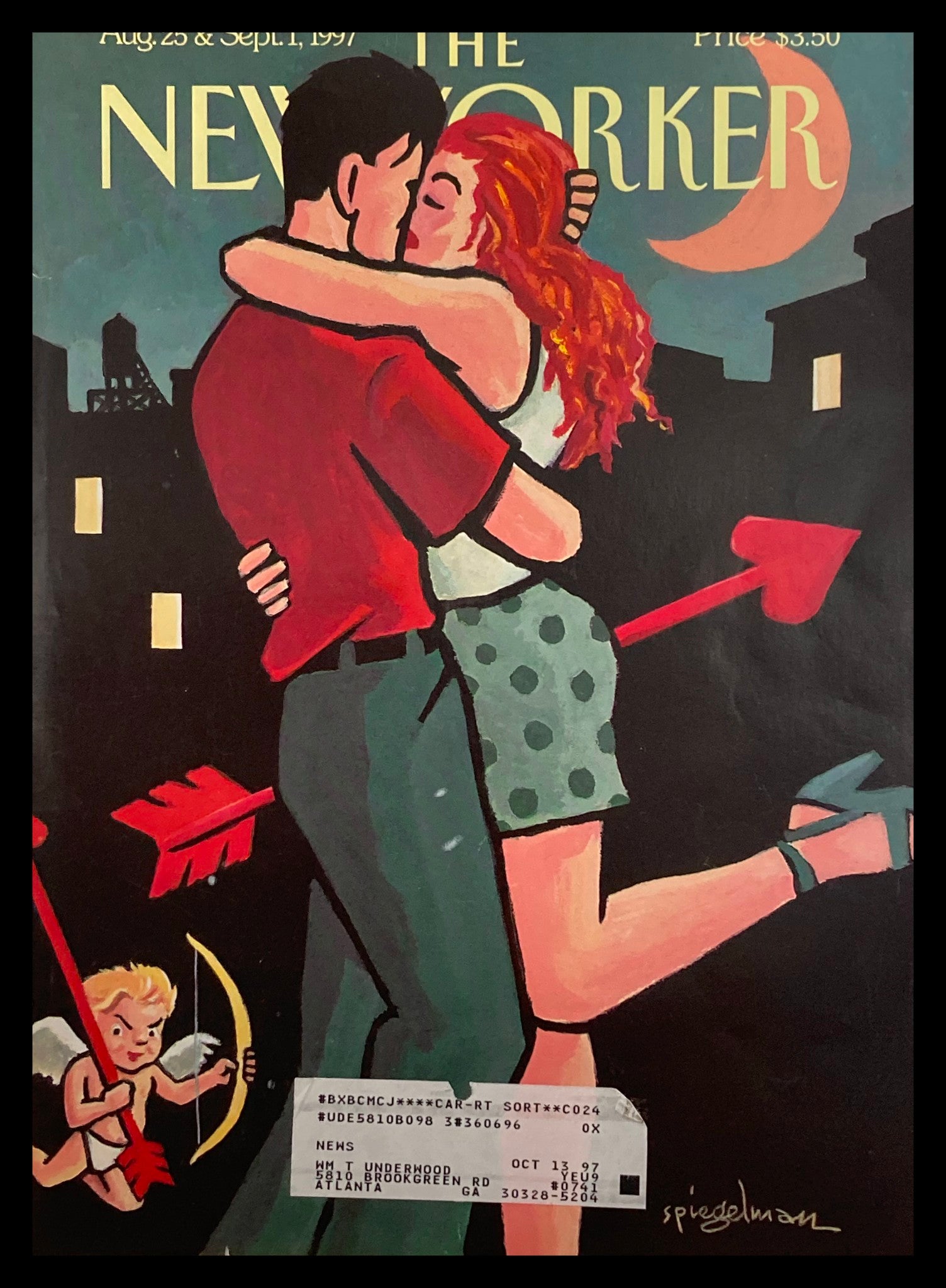 Cover of The New Yorker August 25, 1997 titled 'Beau and Eros' by Art Spiegelman, featuring a couple embracing with a whimsical backdrop and Cupid in the corner.