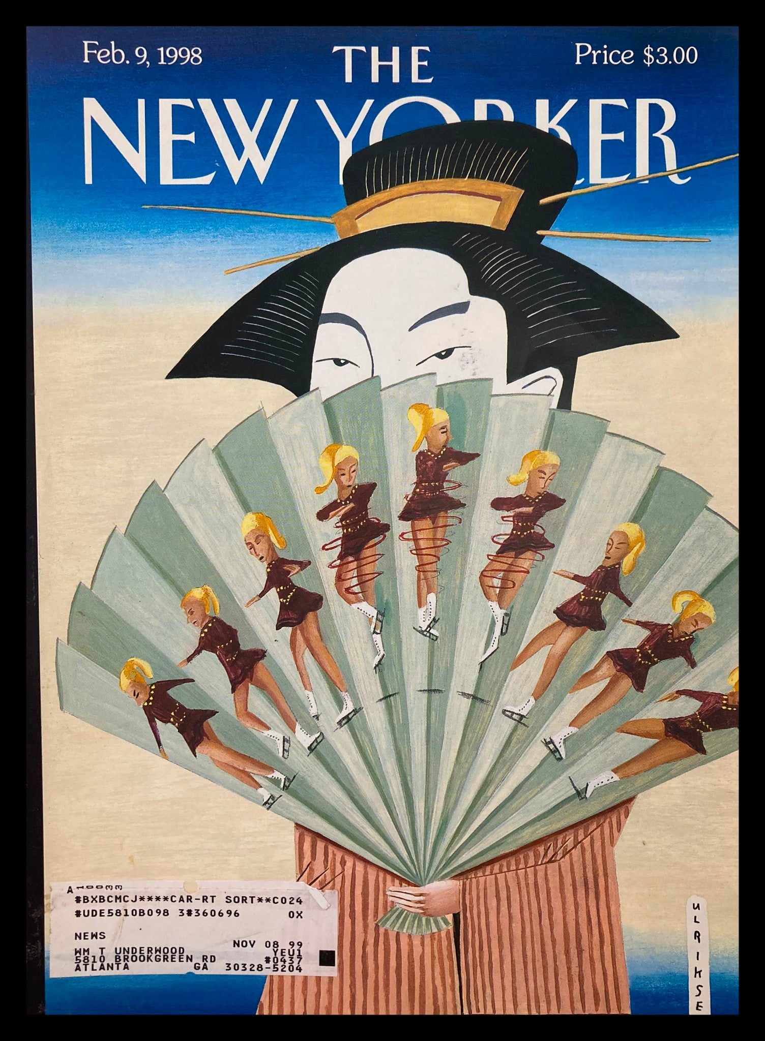 Cover of The New Yorker February 9, 1998 featuring figure-skating fan artwork by Mark Ulriksen, showcasing dancers on a fan.