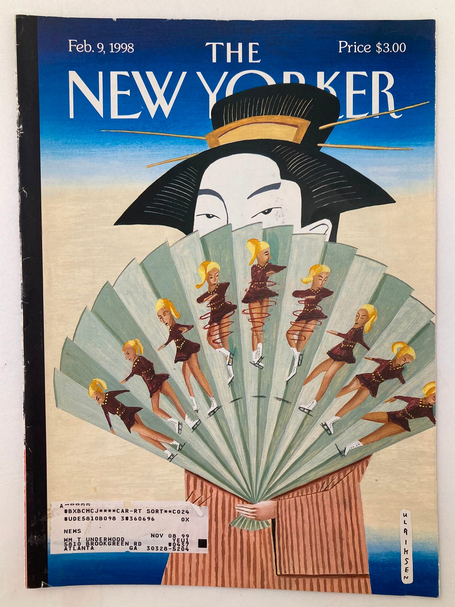 Cover of The New Yorker February 9, 1998 depicting an artistic representation of a figure-skating fan by Mark Ulriksen, complete with vibrant colors.