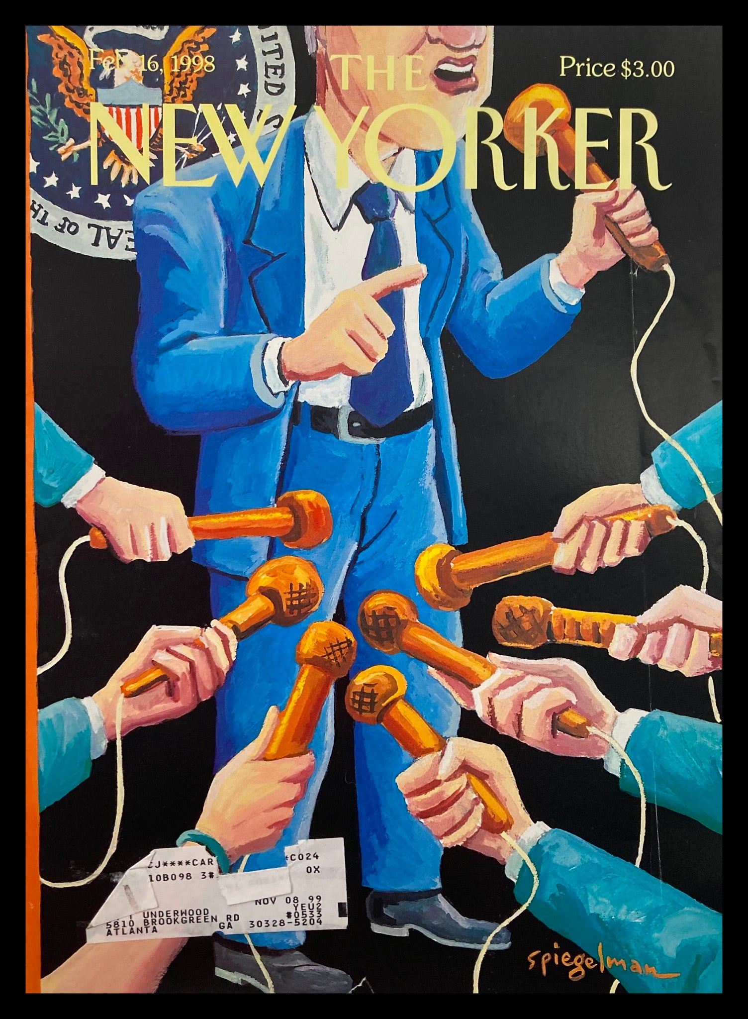 Cover of The New Yorker dated February 16, 1998, featuring 'The Low Road' by Art Spiegelman, showcasing a politician with multiple microphones in focus and a vibrant illustration style.
