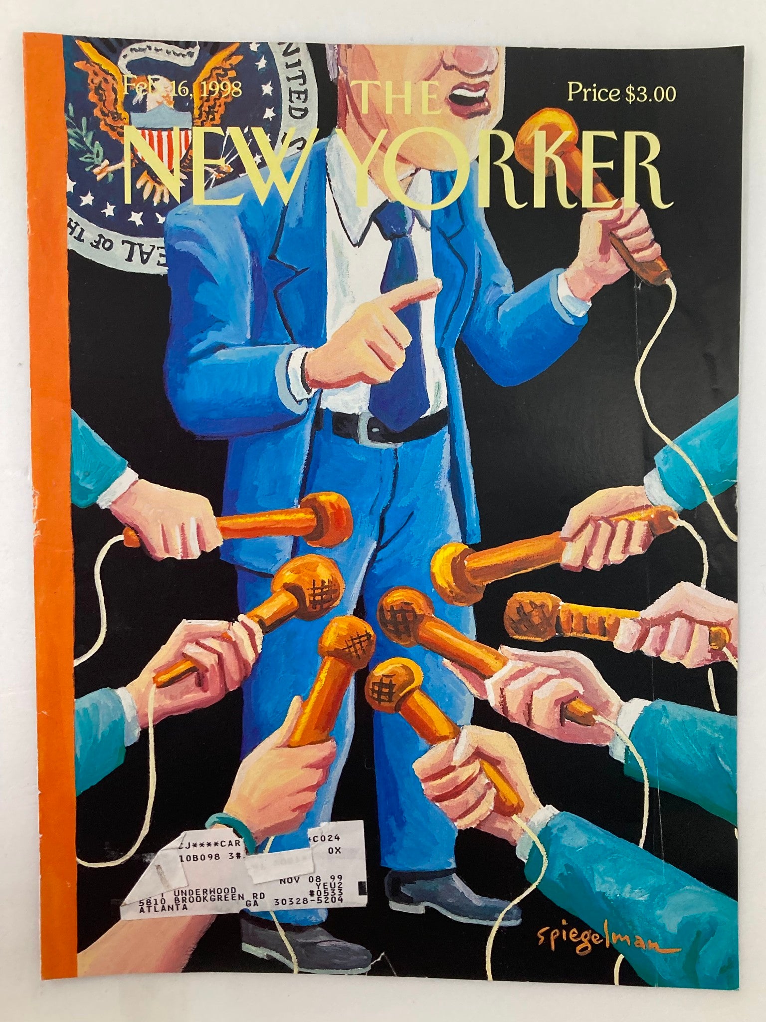 The New Yorker cover from February 16, 1998, titled 'The Low Road' by Art Spiegelman, depicting a central figure surrounded by hands holding microphones, emphasizing a dynamic scene.