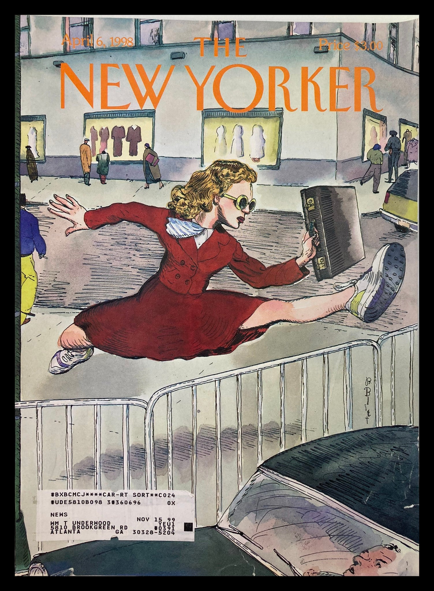 COVER ONLY The New Yorker April 6 1998 Taking It in Stride by Barry Blitt