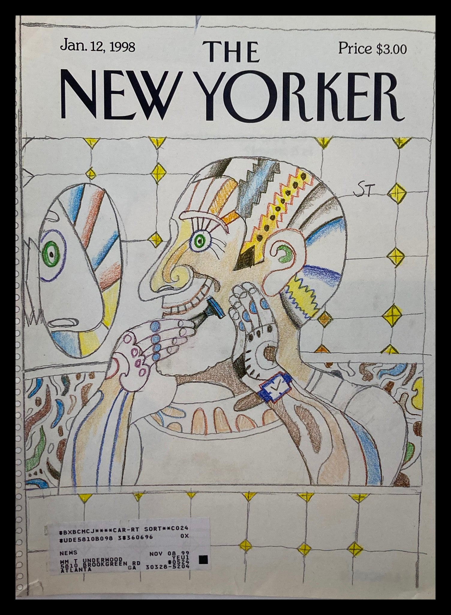 Cover of The New Yorker, January 12, 1998, titled 'The Man in the Mirror' by S. Steinberg featuring a colorful artistic design and a reflection in the mirror.