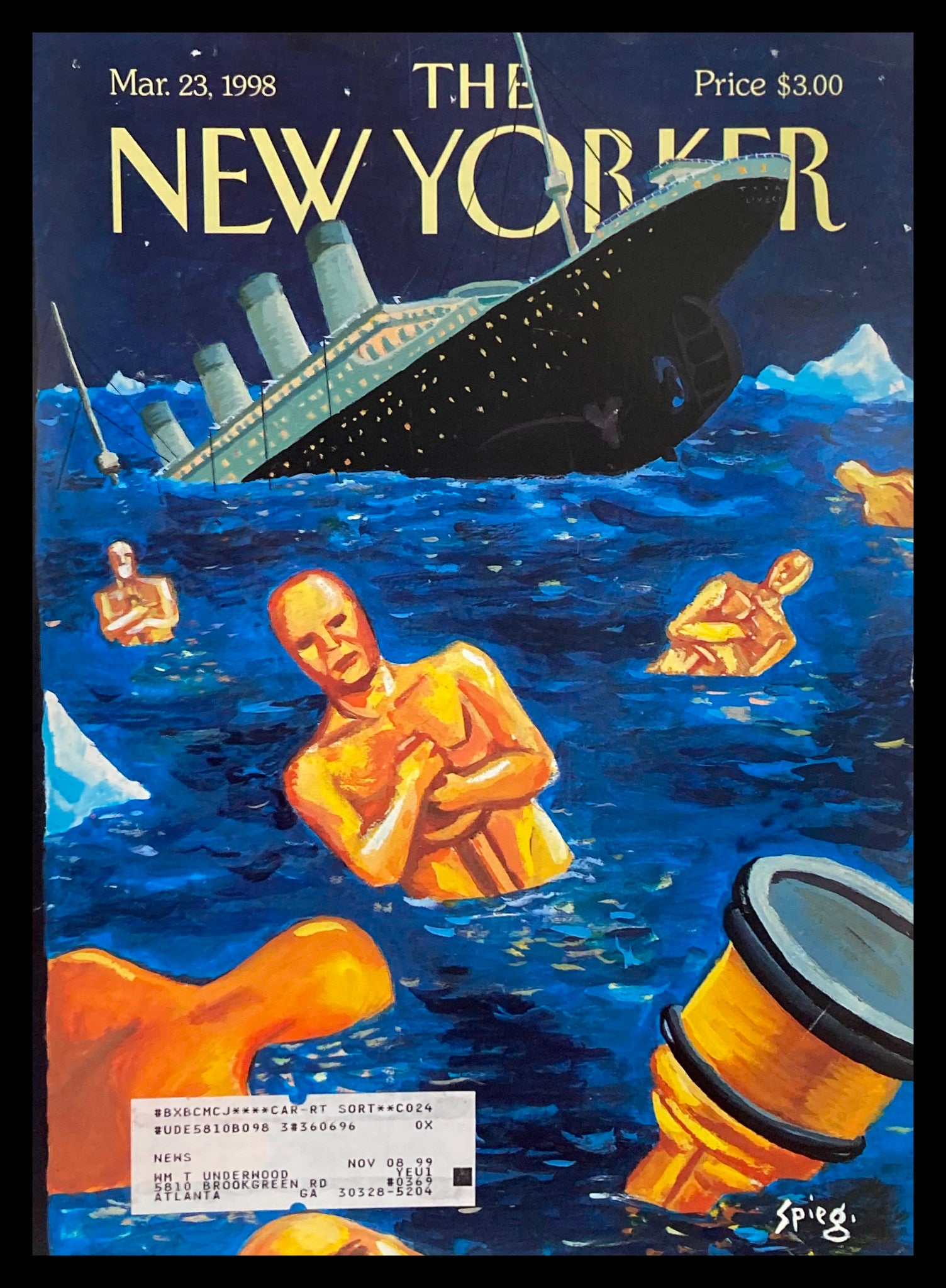 COVER ONLY The New Yorker March 23 1998 The Oscar Sinking by Art Spiegelman