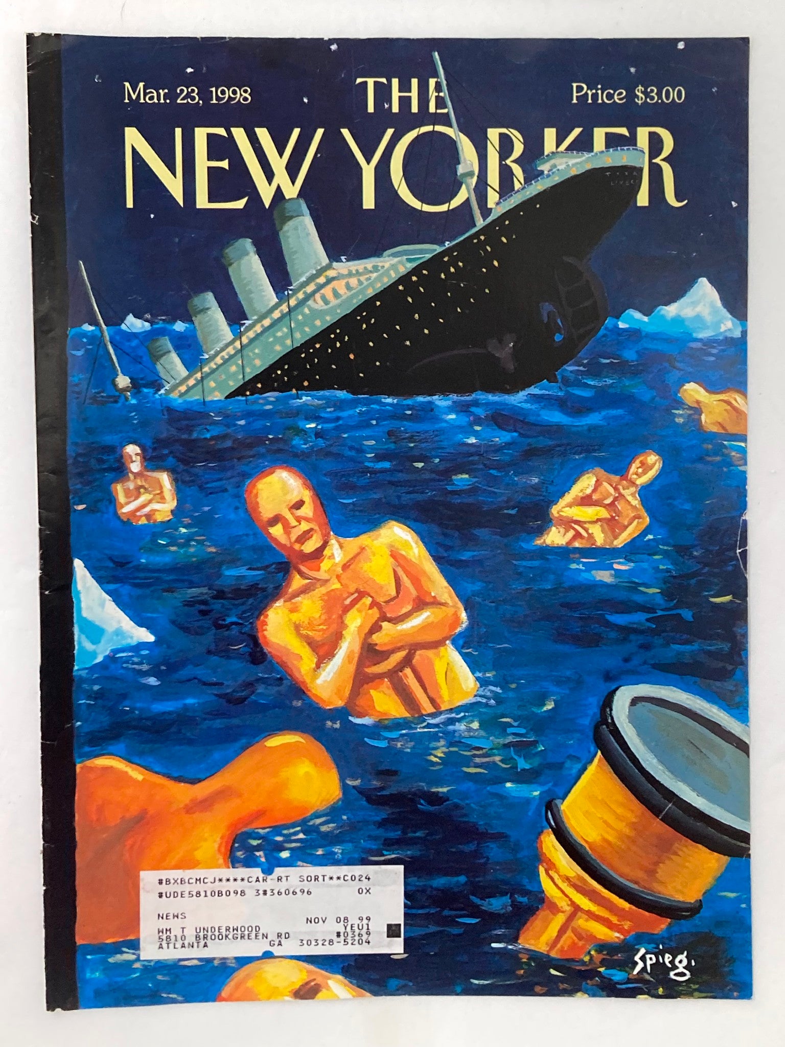 COVER ONLY The New Yorker March 23 1998 The Oscar Sinking by Art Spiegelman