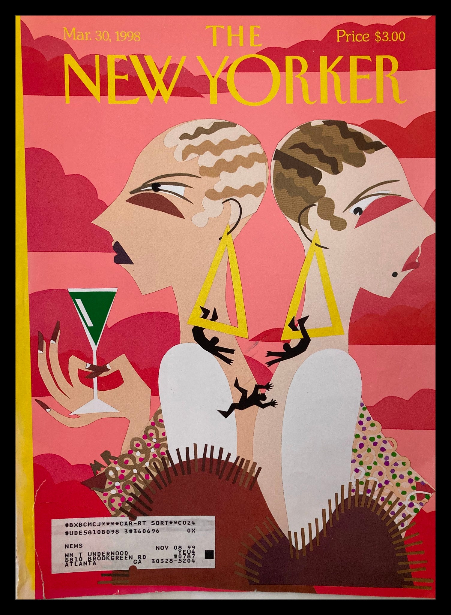 COVER ONLY The New Yorker March 30 1998 Drop-Dead Chic by Michael Roberts featuring two stylish women, one holding a martini, set against a vibrant pink background.