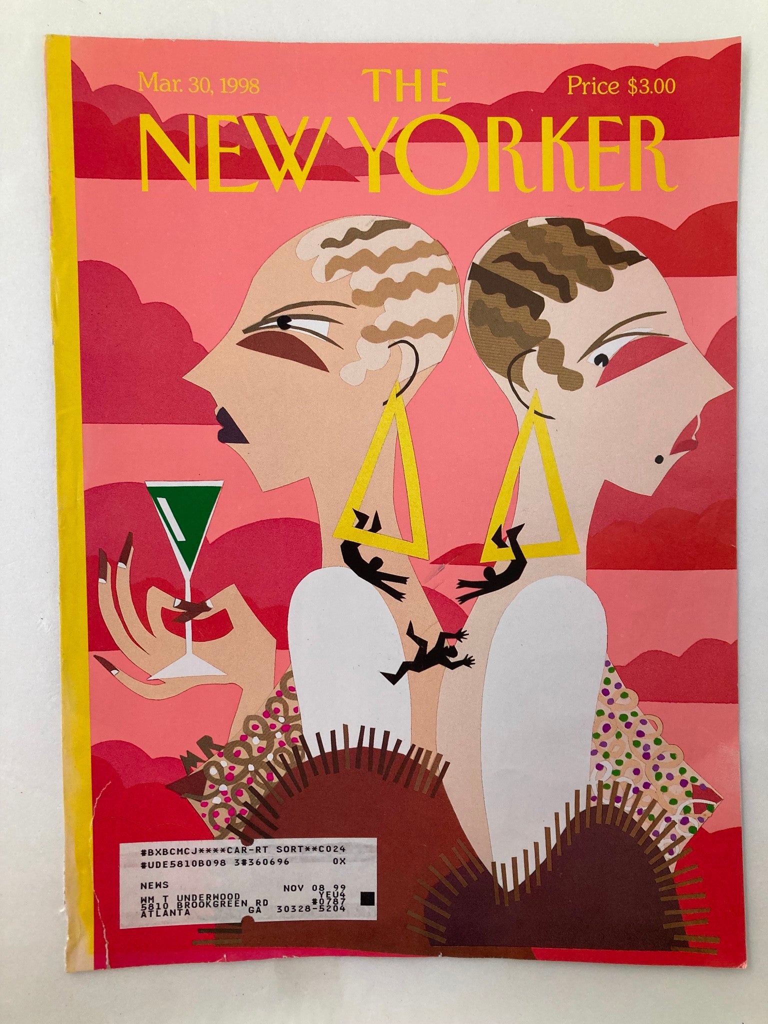 COVER ONLY The New Yorker March 30 1998 Drop-Dead Chic by Michael Roberts showcasing colorful illustrations of fashionable women against dramatic clouds.