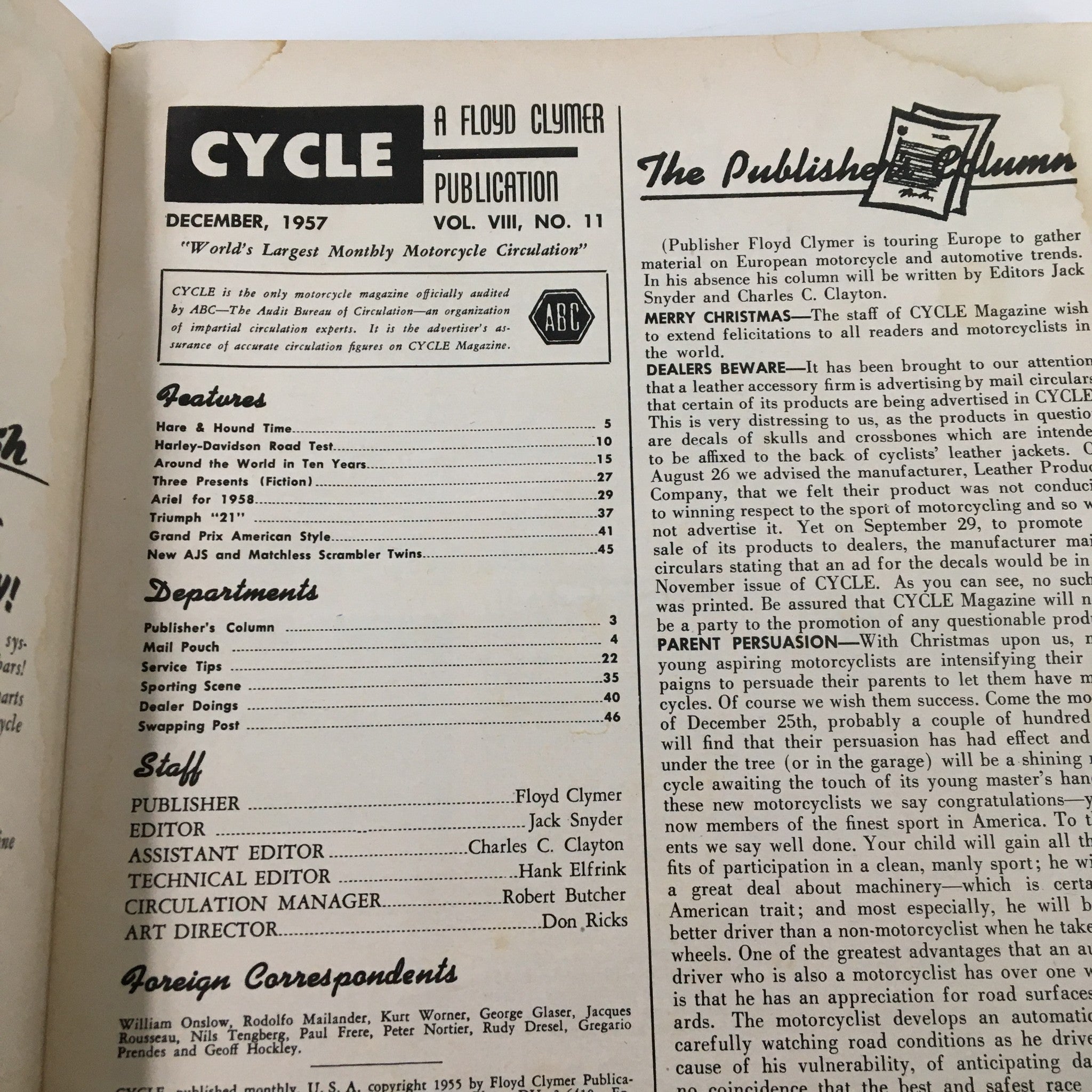 VTG Cycle Magazine December 1957 Around The World in Ten Years No Label