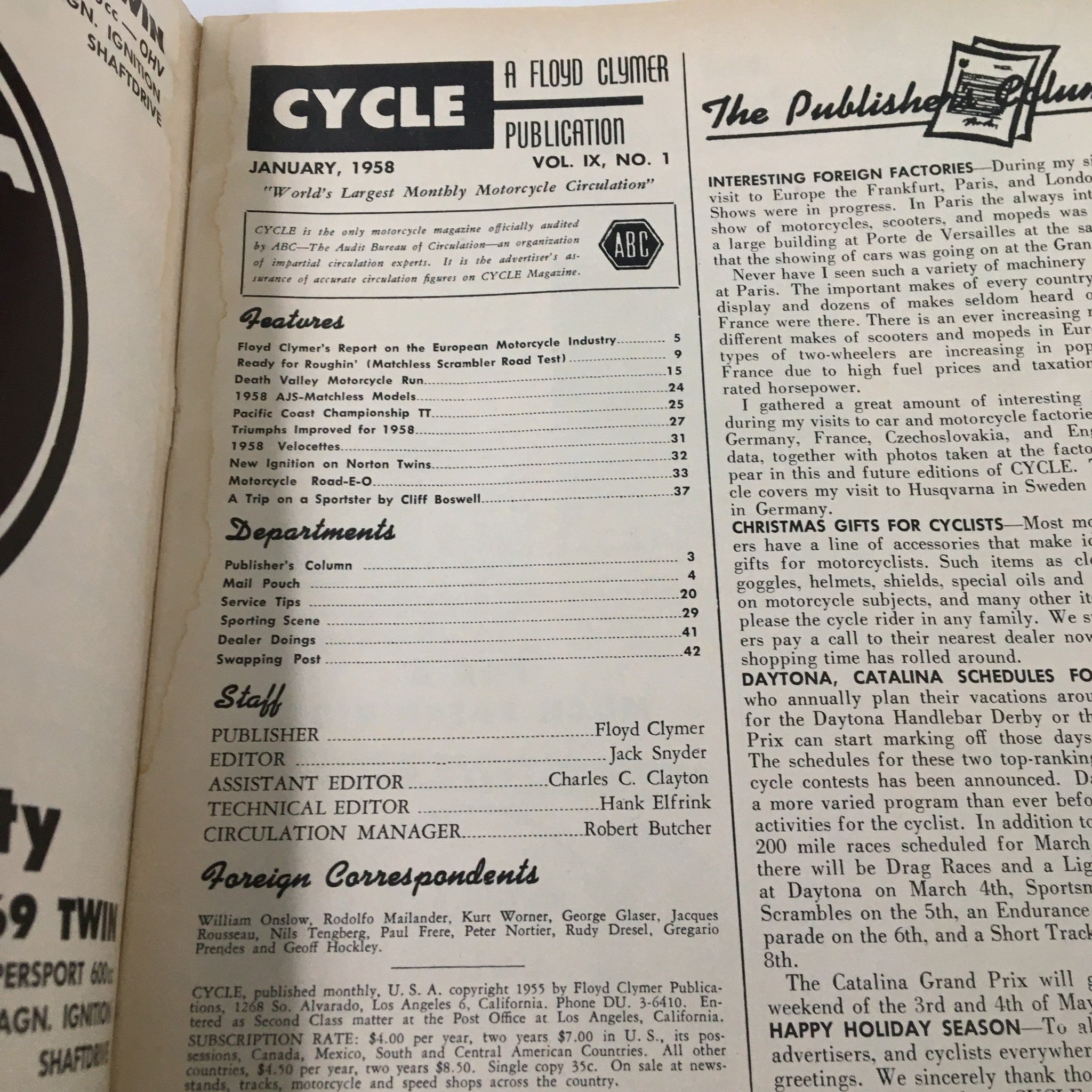 VTG Cycle Magazine January 1958 Matches 650cc Super Hurricane Road Test No Label